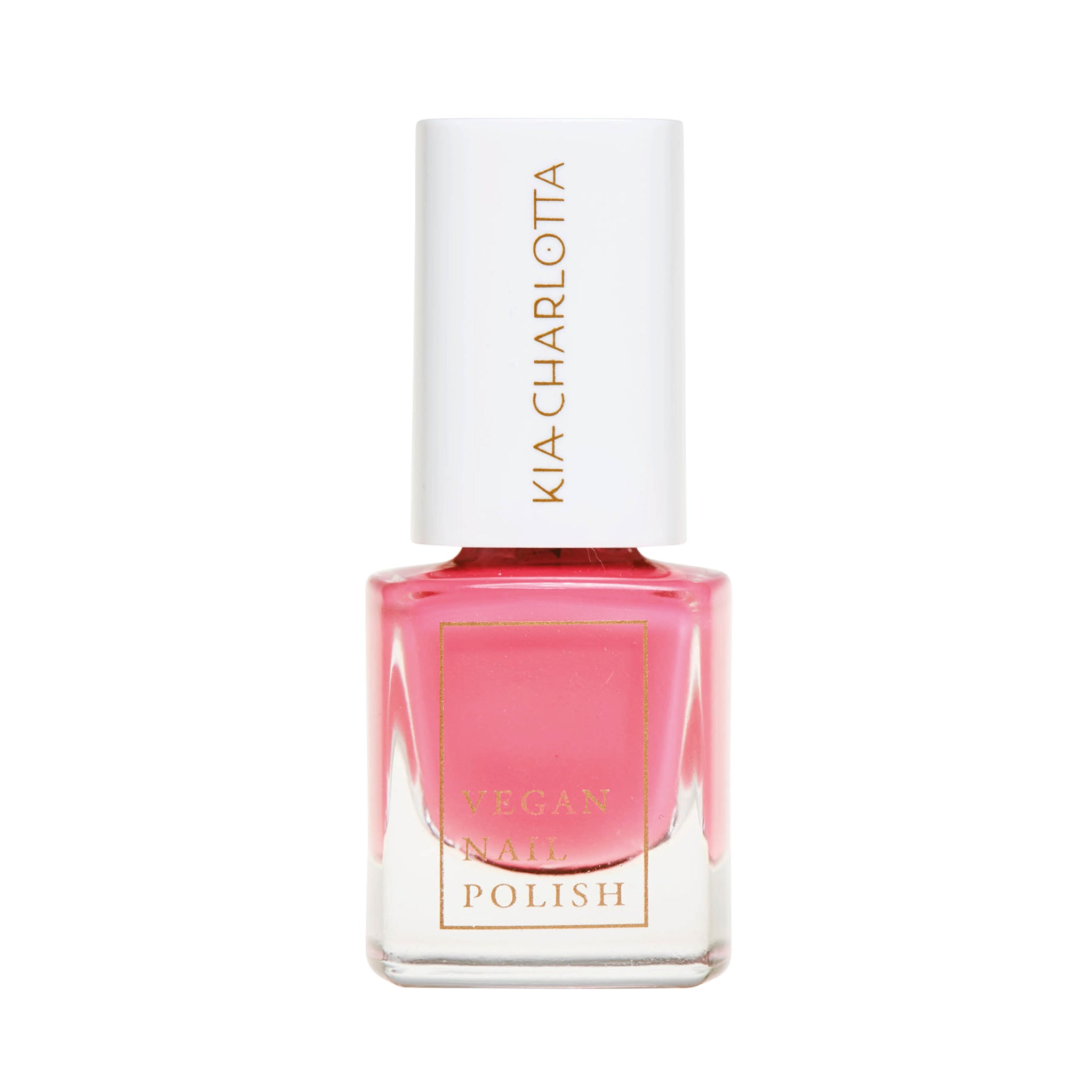Eine Flasche rosa veganer Nagellack mit weißem Deckel und goldenem Text.