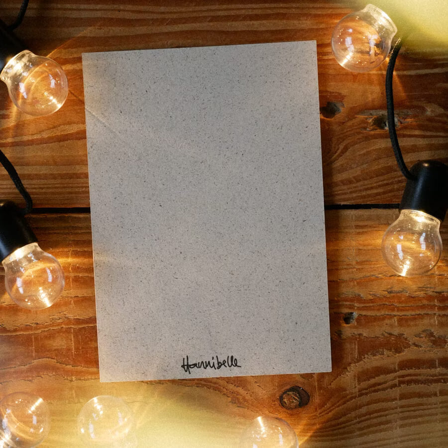 Karte auf Holzuntergrund, umgeben von leuchtenden Glühbirnen, mit dem Schriftzug "Hannibelle" unten.