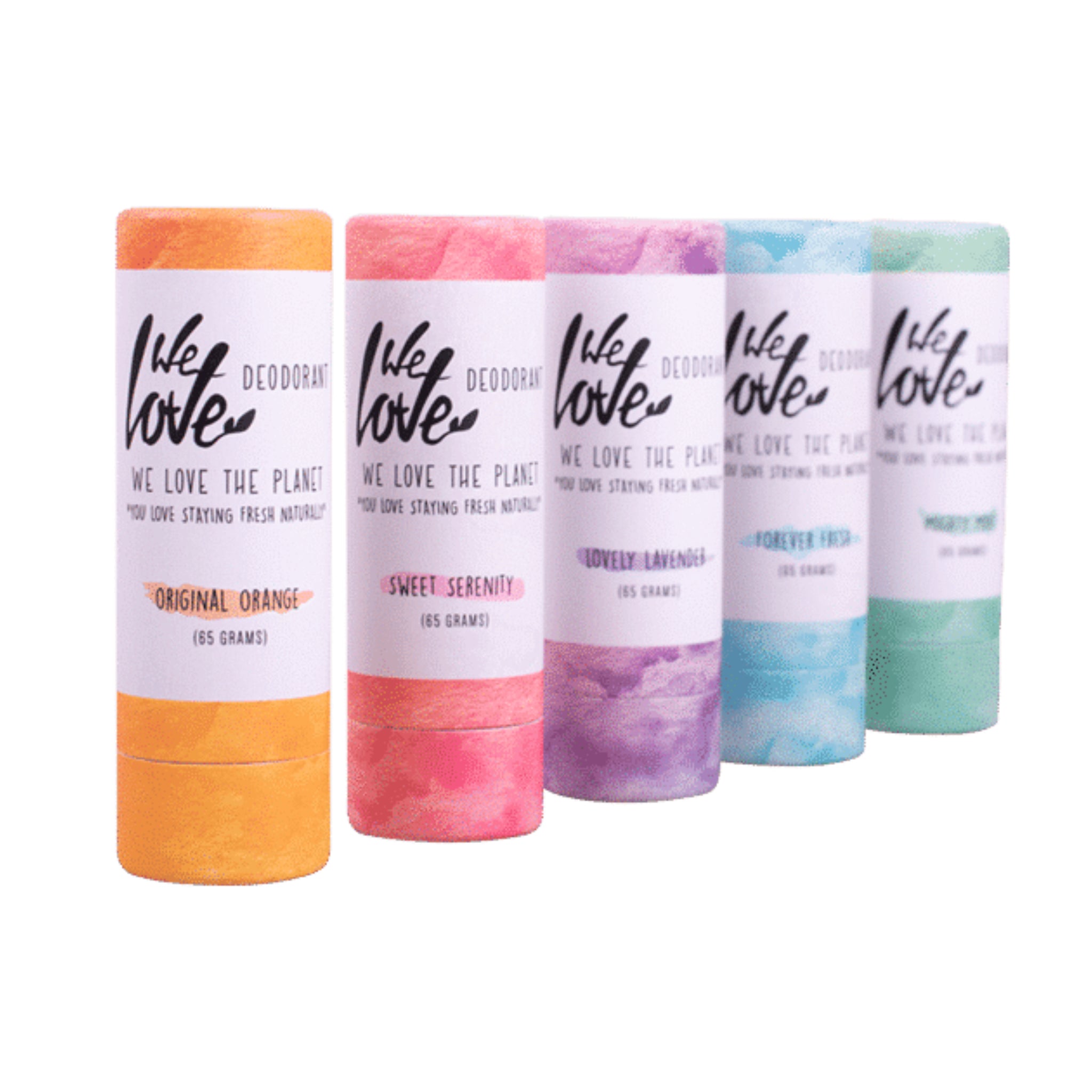 Fünf Deodorant-Sticks von "We Love The Planet" in verschiedenen Farben und Düften nebeneinander aufgestellt.
