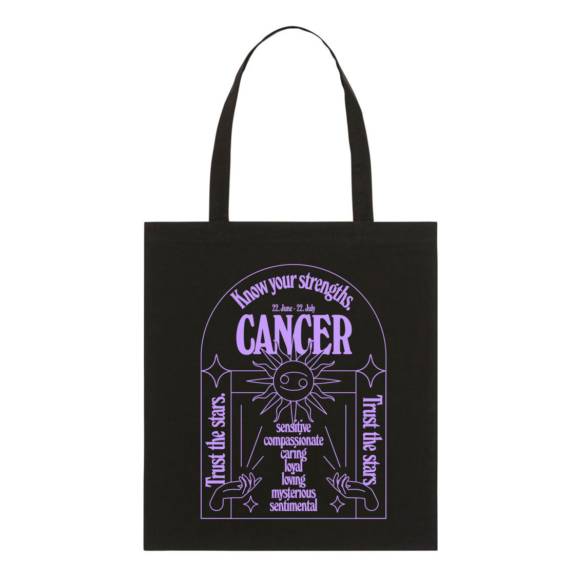 Schwarze Tragetasche mit lila Design; „Cancer“ mit Stärken und astrologischen Symbolen, einschließlich Sonne und Hände.
