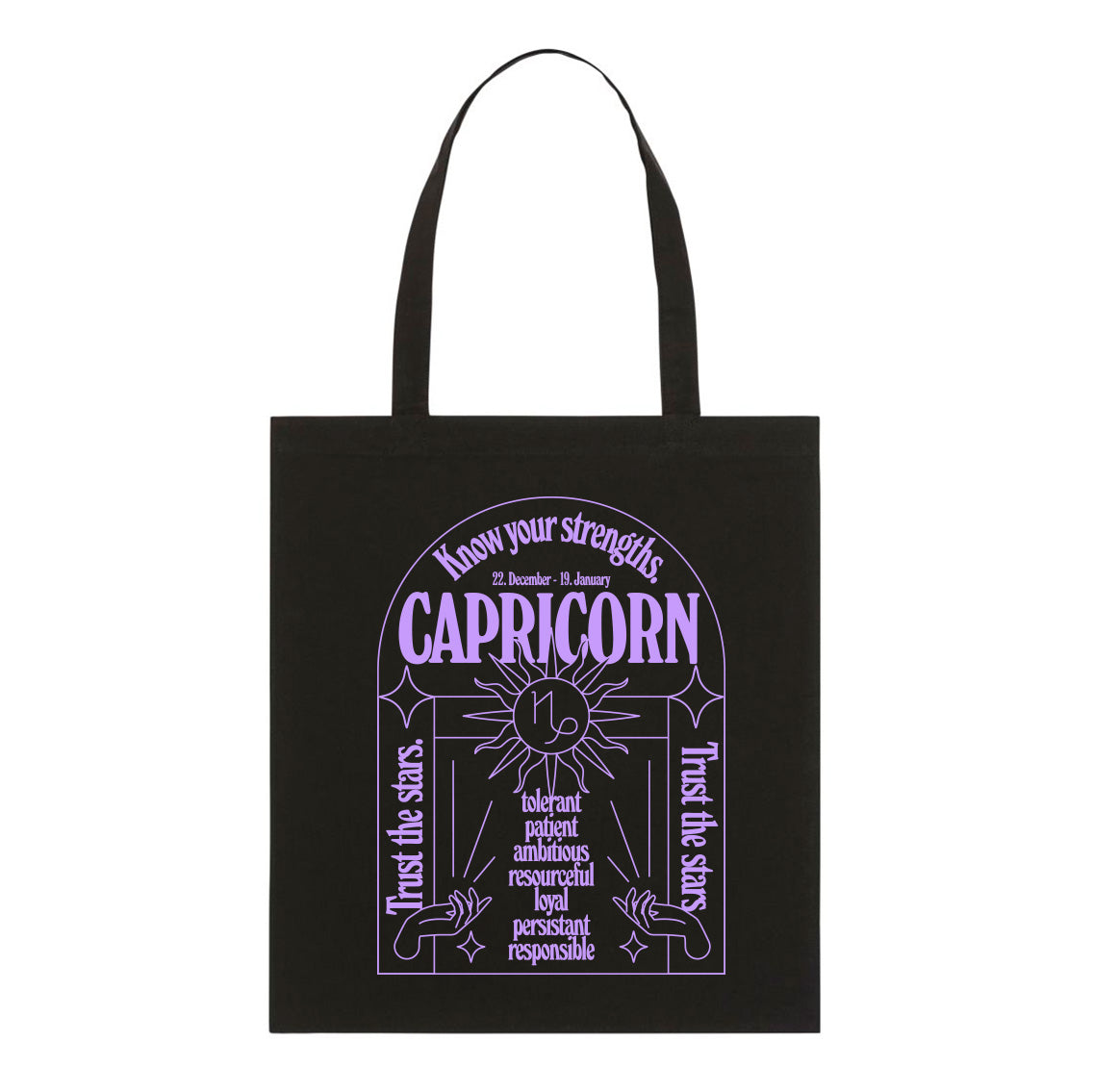 Schwarze Tragetasche mit lila Aufdruck "Capricorn" und Illustrationen mit Sternzeichen-Design und Eigenschaften.
