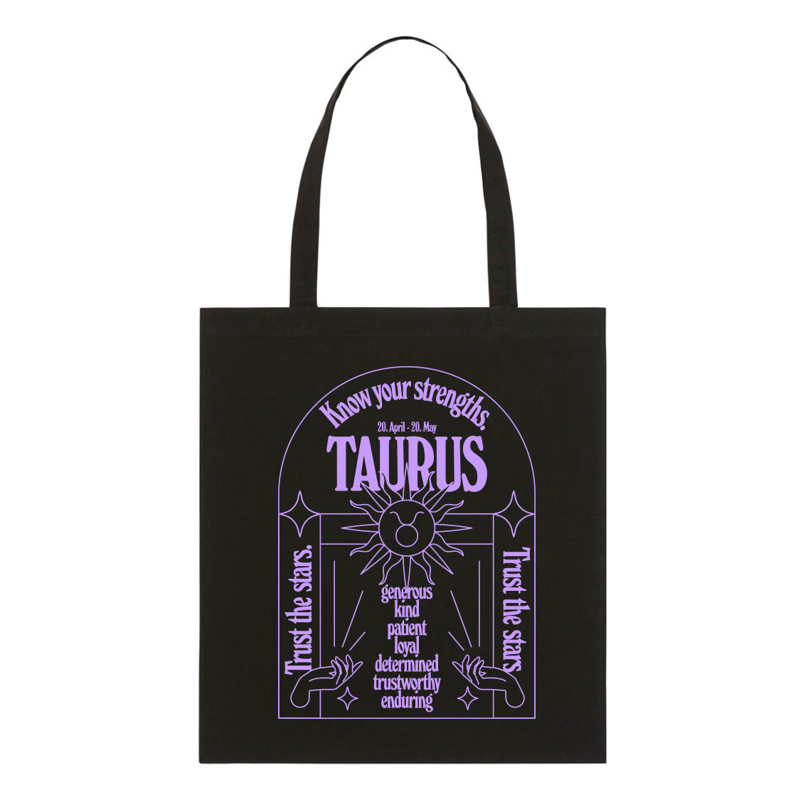 Schwarze Tasche mit lila Aufschrift "Taurus" und kosmischen Grafiken, zeigt Stier-Eigenschaften und den Satz "Trust the stars".