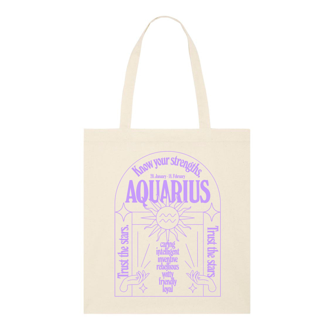 Beige Stofftasche mit lila Aufdruck zum Sternzeichen Wassermann, inklusive Eigenschaften und Daten.