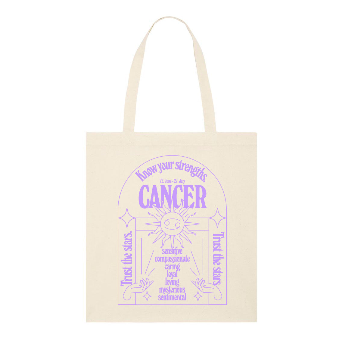 Beige Stofftasche mit violettem Design: "Cancer" mit Eigenschaften und Sprüchen über Sternzeichen vom 22. Juni bis 22. Juli.