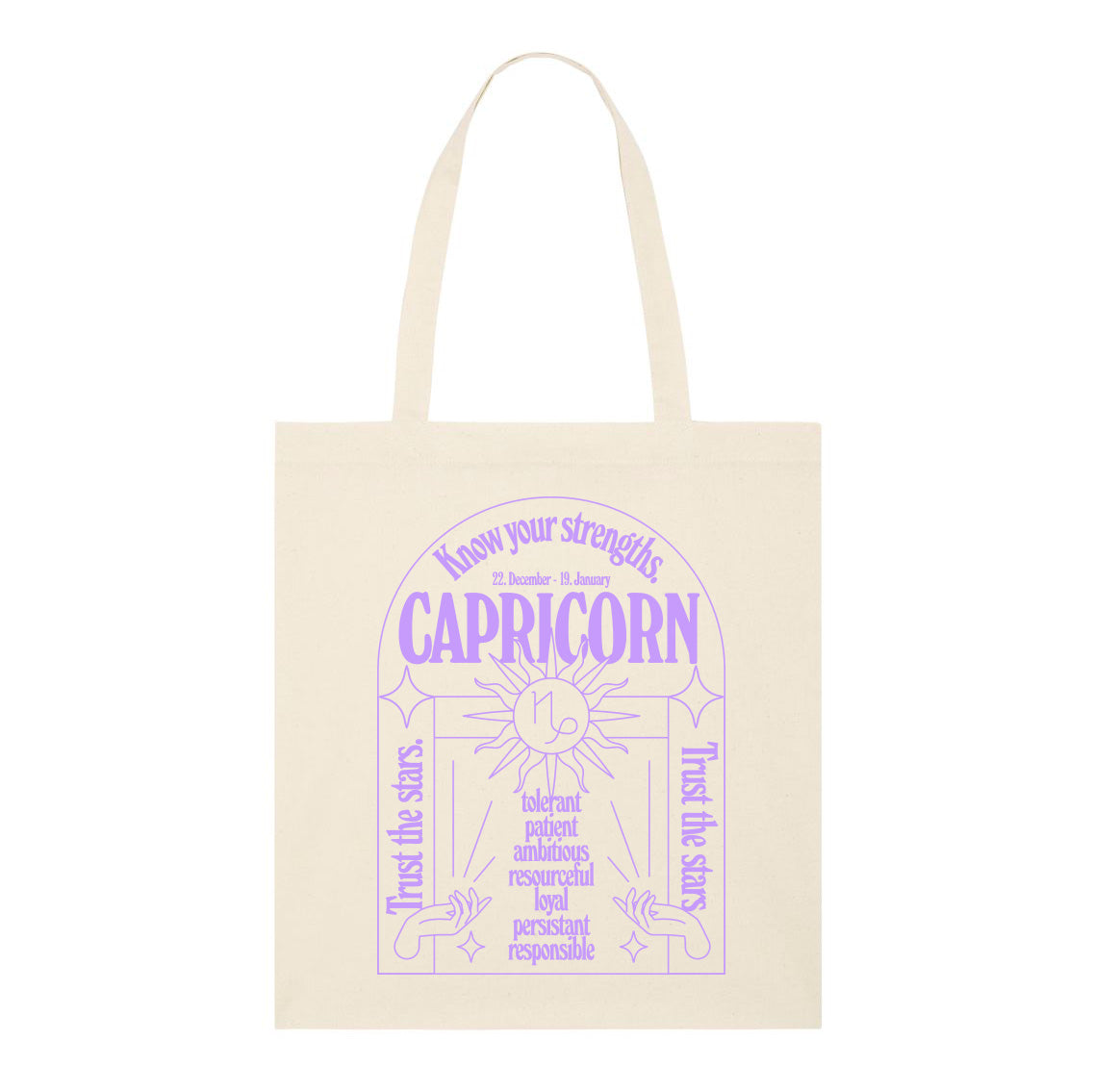 Naturfarbene Tasche mit lila astrologischem Steinbock-Design und positiven Eigenschaften.