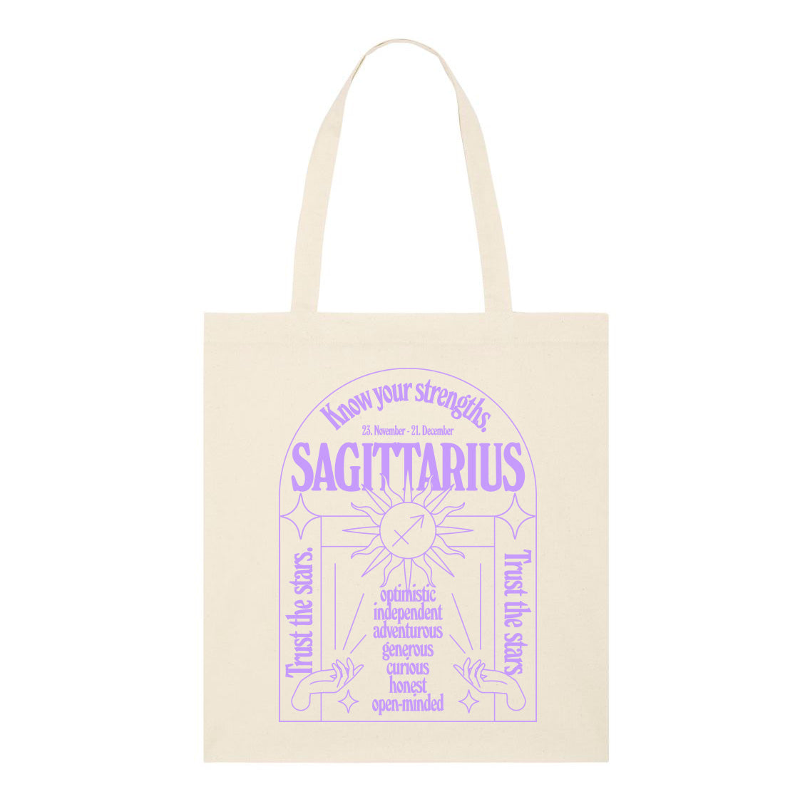 Beige Stofftasche mit violettem Aufdruck: "SAGITTARIUS" und positiven Eigenschaften des Sternzeichens.