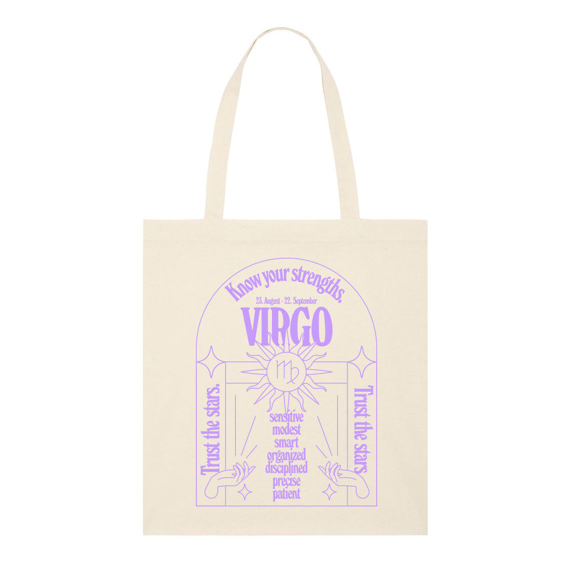 Beige Tasche mit violettem Aufdruck des Sternzeichens Jungfrau und positiven Eigenschaften.