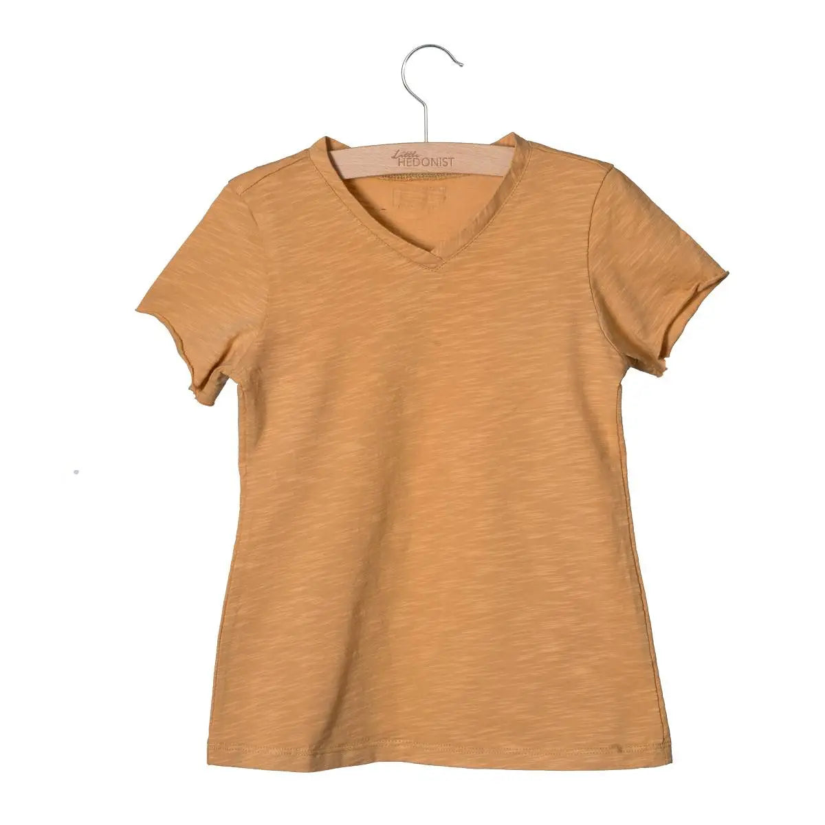Ein kurzärmeliges, hellbraunes T-Shirt mit V-Ausschnitt ist auf einem Holzbügel vor einem schlichten weißen Hintergrund ausgestellt.