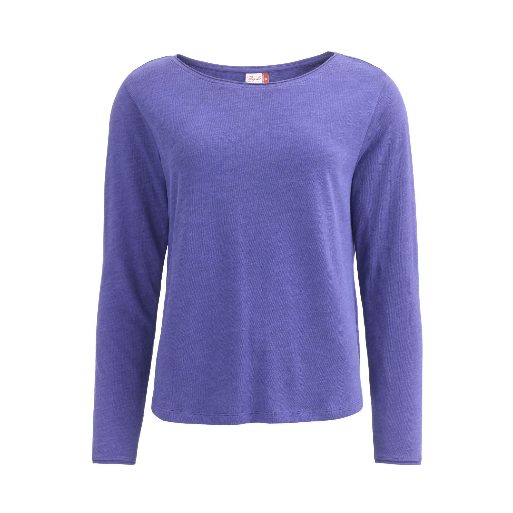 Lila Damenpullover mit langen Ärmeln und rundem Halsausschnitt, freigestellt auf weißem Hintergrund.