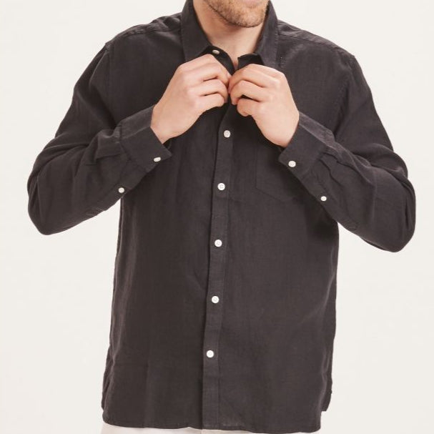 KnowledgeCotton Apparel Vegan Regular Leinenhemd Schwarz (Black Jet)