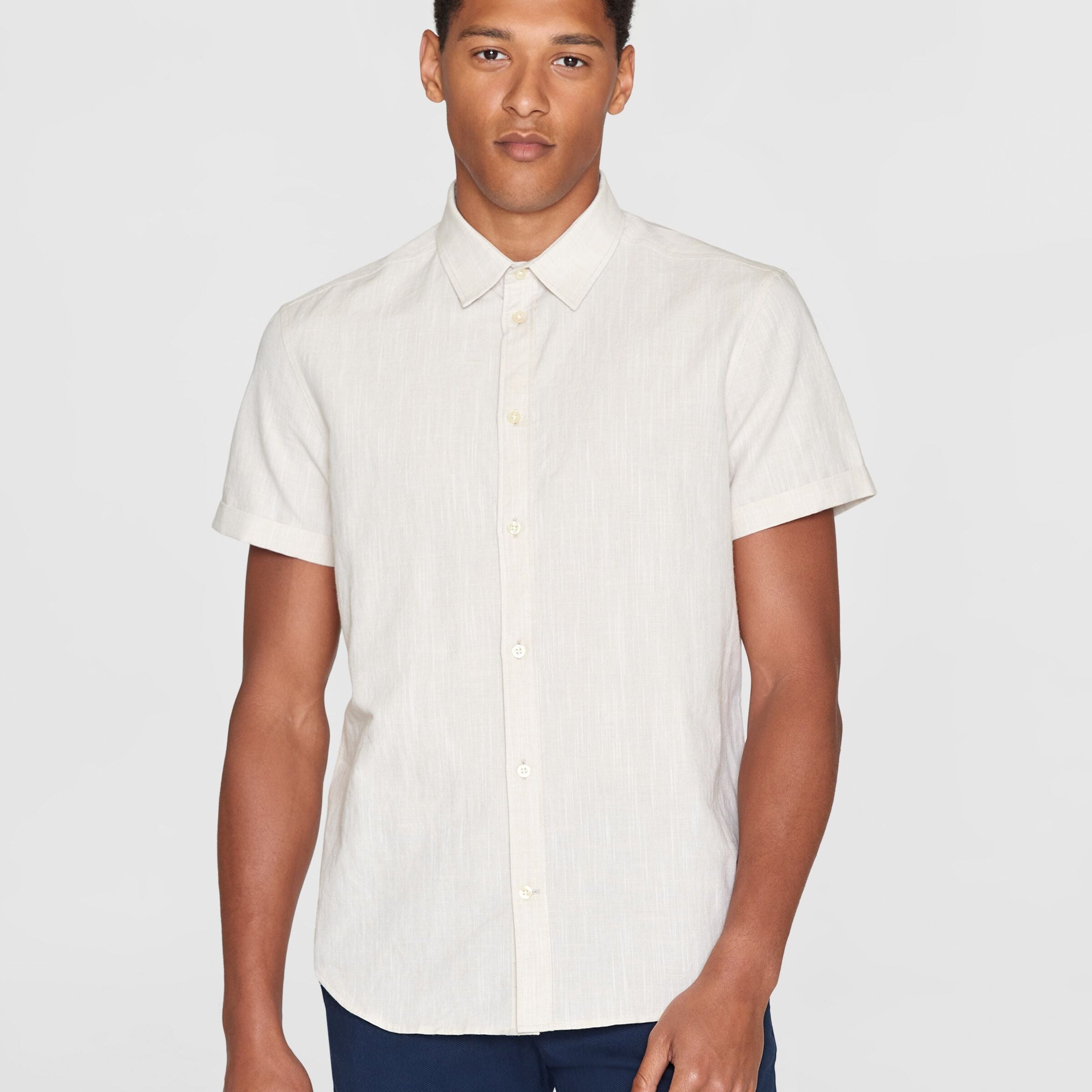 KnowledgeCotton Apparel Regular Kurzarm Leinenhemd Beige (Light feather gray)