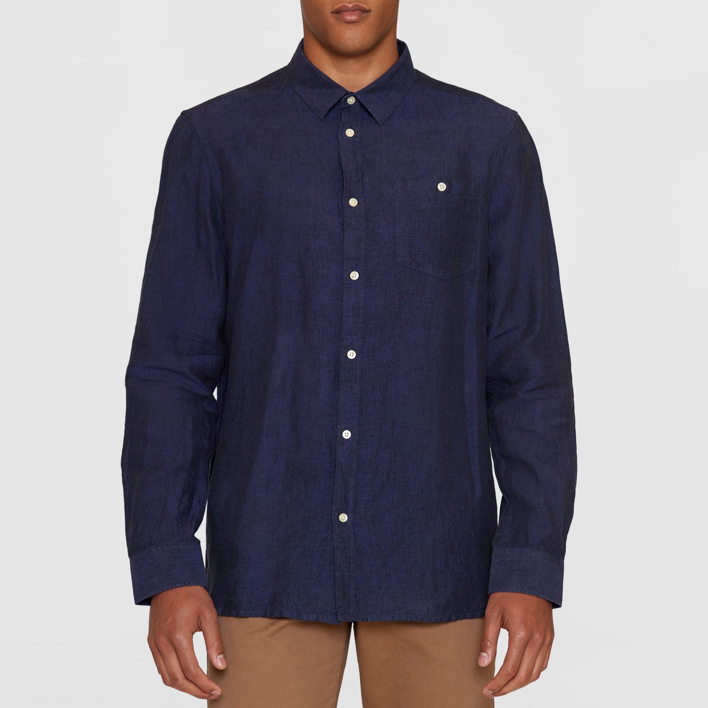 KnowledgeCotton Apparel Vegan Regular Leinenhemd Dunkelblau (Yarndyed)