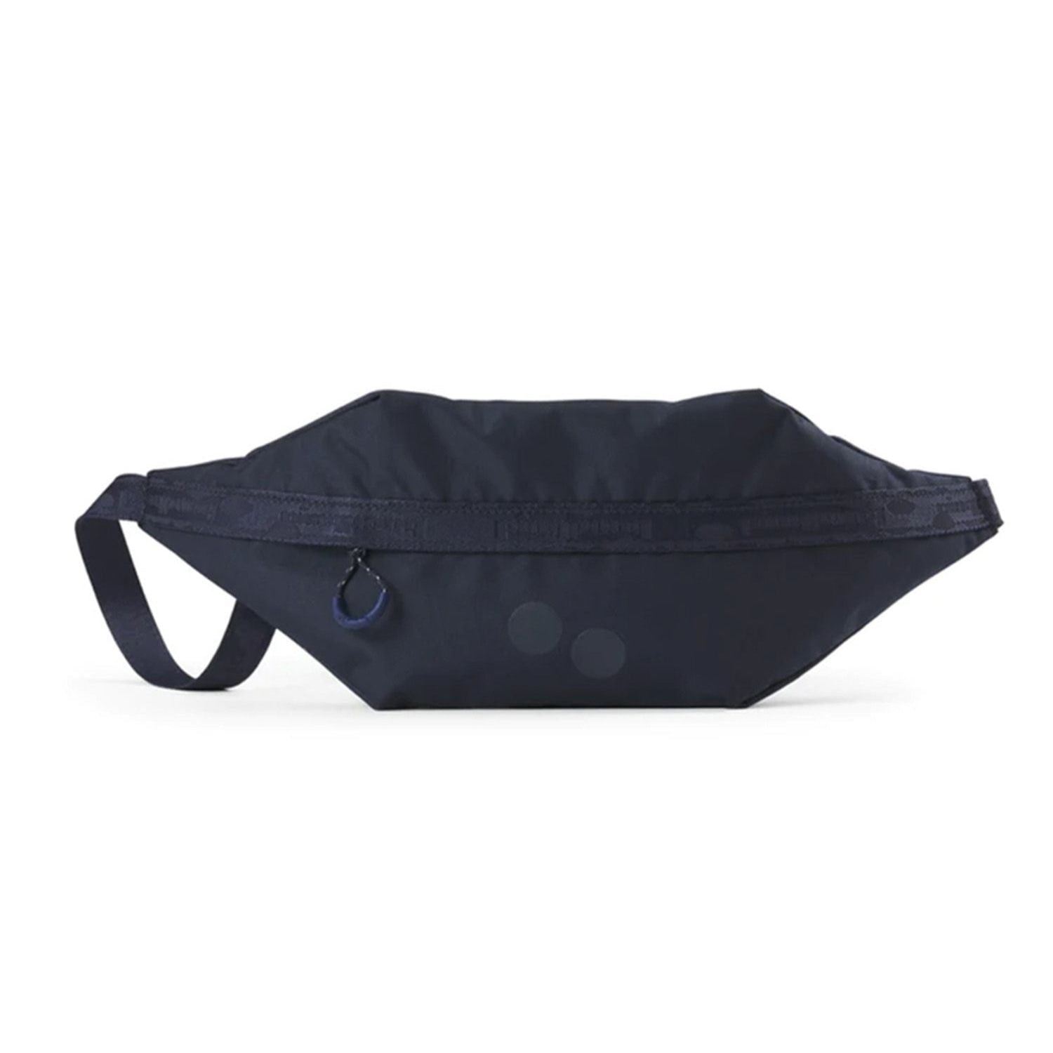 Dunkelblaue Gürteltasche mit Reißverschluss und Trageriemen, abgebildet vor weißem Hintergrund.
