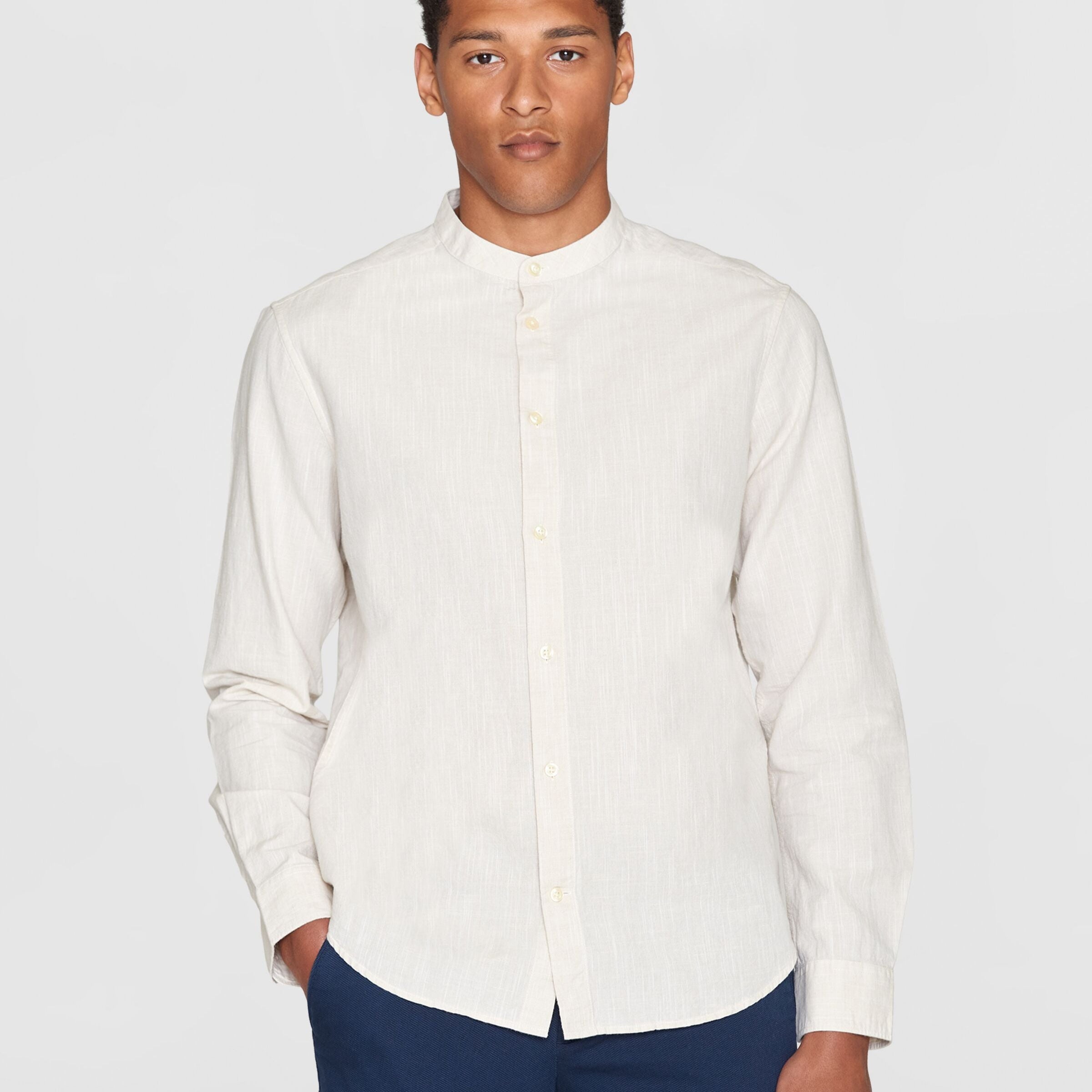 KnowledgeCotton Apparel Regular Leinen MIX Stehkragenhemd Beige (Light Feather Gray)