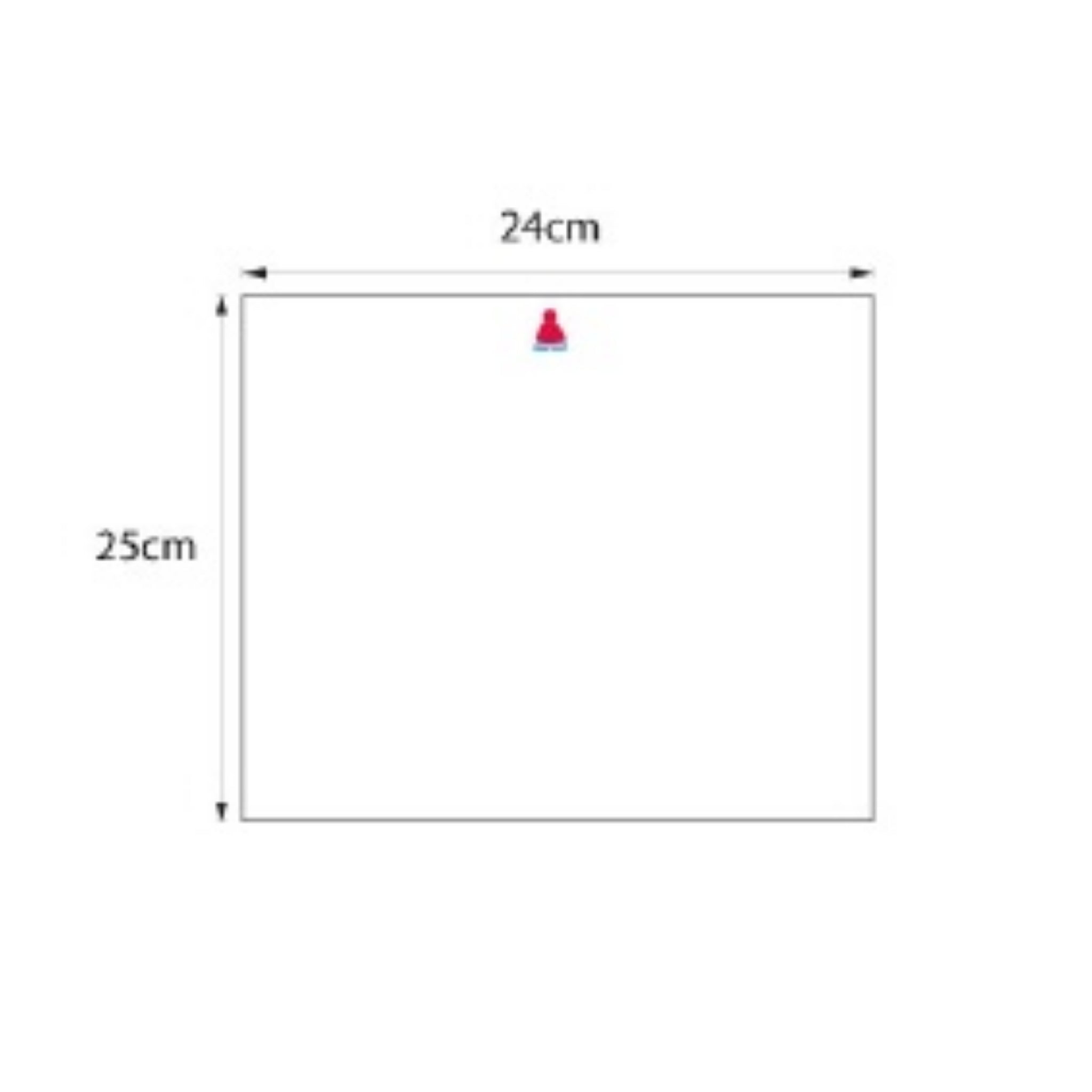 Ein Rechteck mit einer Breite von 24 cm und einer Höhe von 25 cm, mit beschrifteten Abmessungen und einem kleinen roten und blauen Objekt in der Nähe der oberen Mitte des Rechtecks.