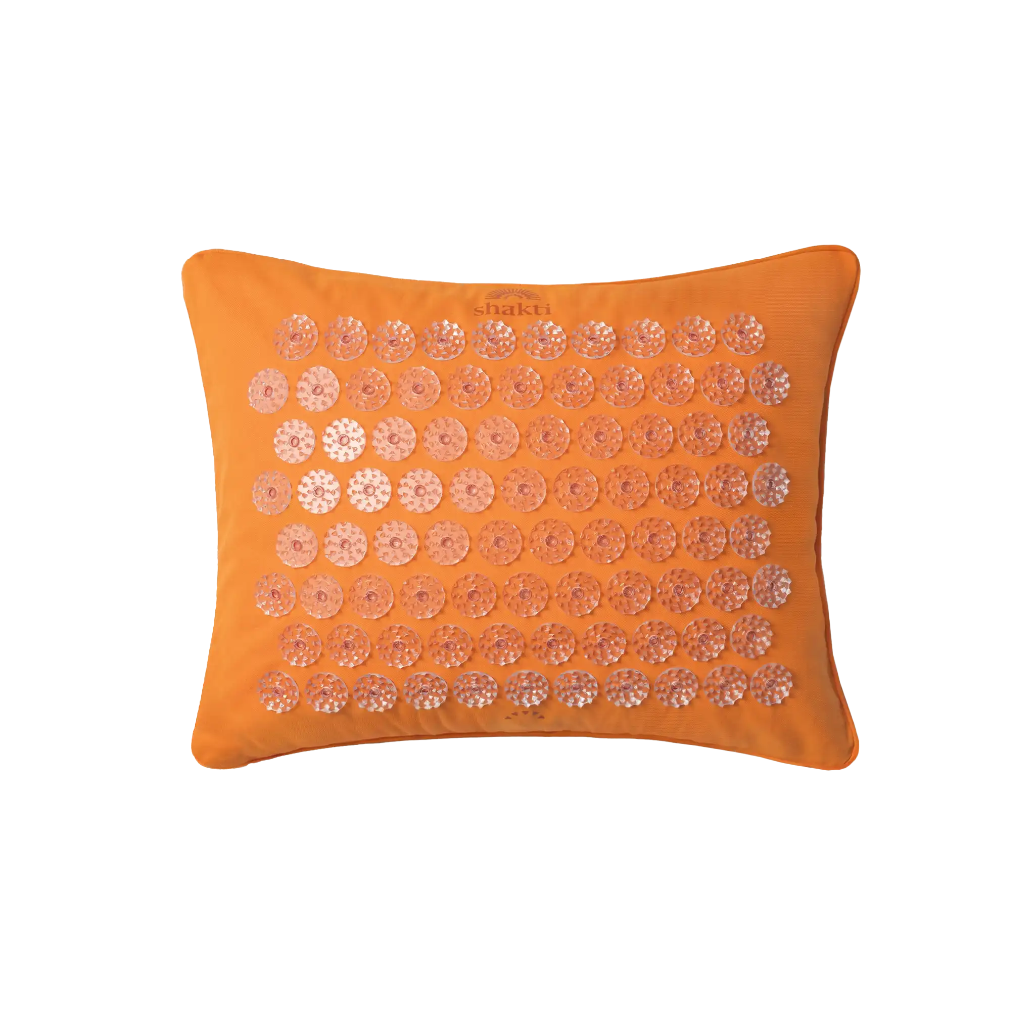 Ein orangefarbenes, rechteckiges Kissen mit einem Gitter aus kreisförmigen Akupressur-Scheiben und kleinen Stacheln auf der Vorderseite.
