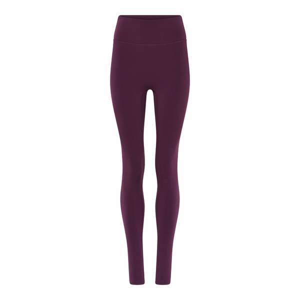 Hochtaillierte, bodenlange Leggings in einem kräftigen Violett auf weißem Hintergrund. Die Leggings haben ein glattes, nahtloses Aussehen, ohne sichtbare Logos oder Muster.