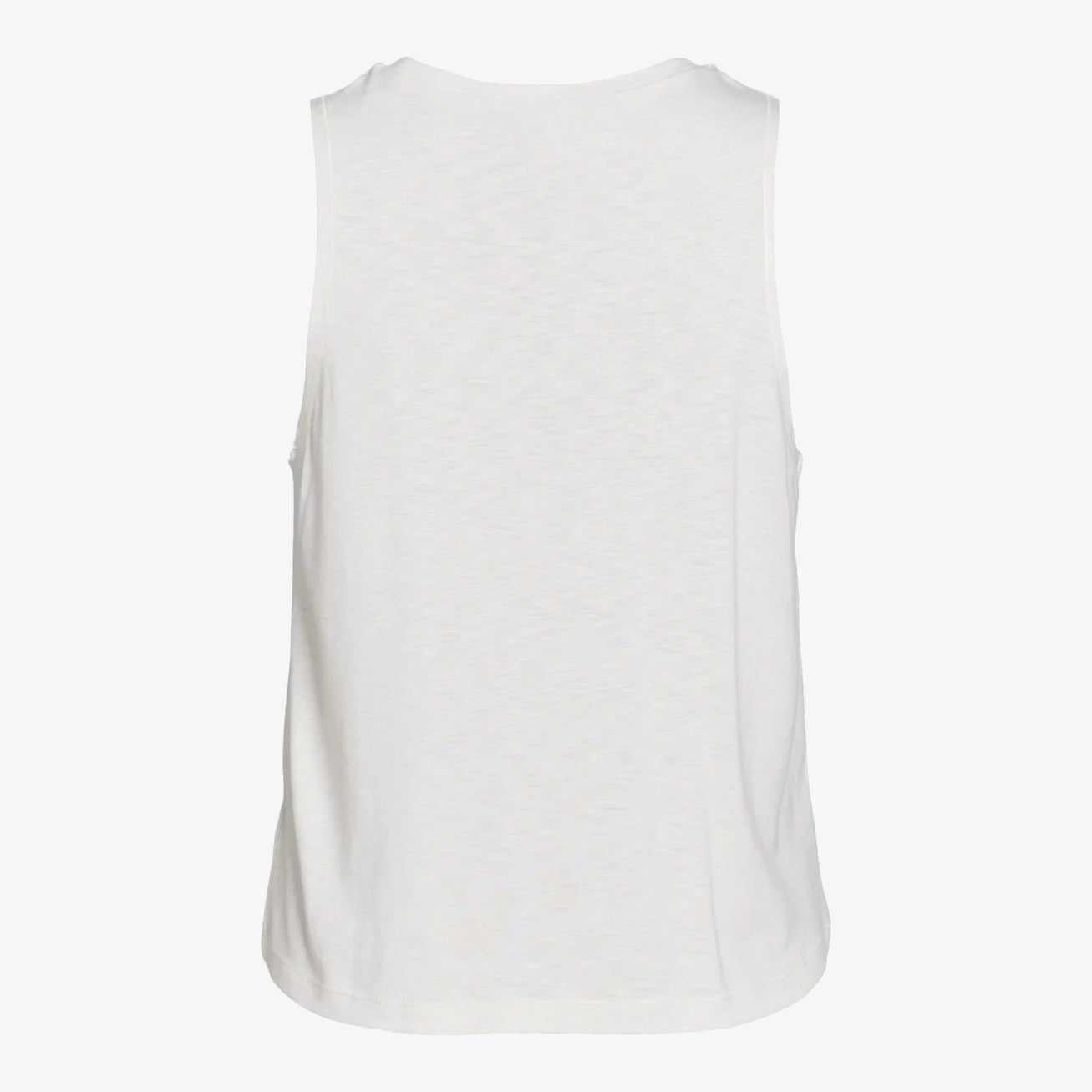 Ein schlichtes weißes ärmelloses Tank-Top ist von hinten vor einem weißen Hintergrund abgebildet. Der Stoff wirkt leicht und leger, mit weiten Armausschnitten und einem einfachen Rundhalsausschnitt.