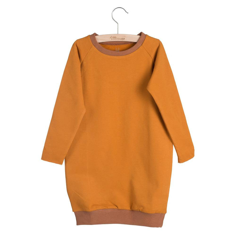 Ein langärmeliges, senfgelbes Kleid mit braunen Manschetten und Saum, das auf einem Holzbügel vor einem weißen Hintergrund hängt.