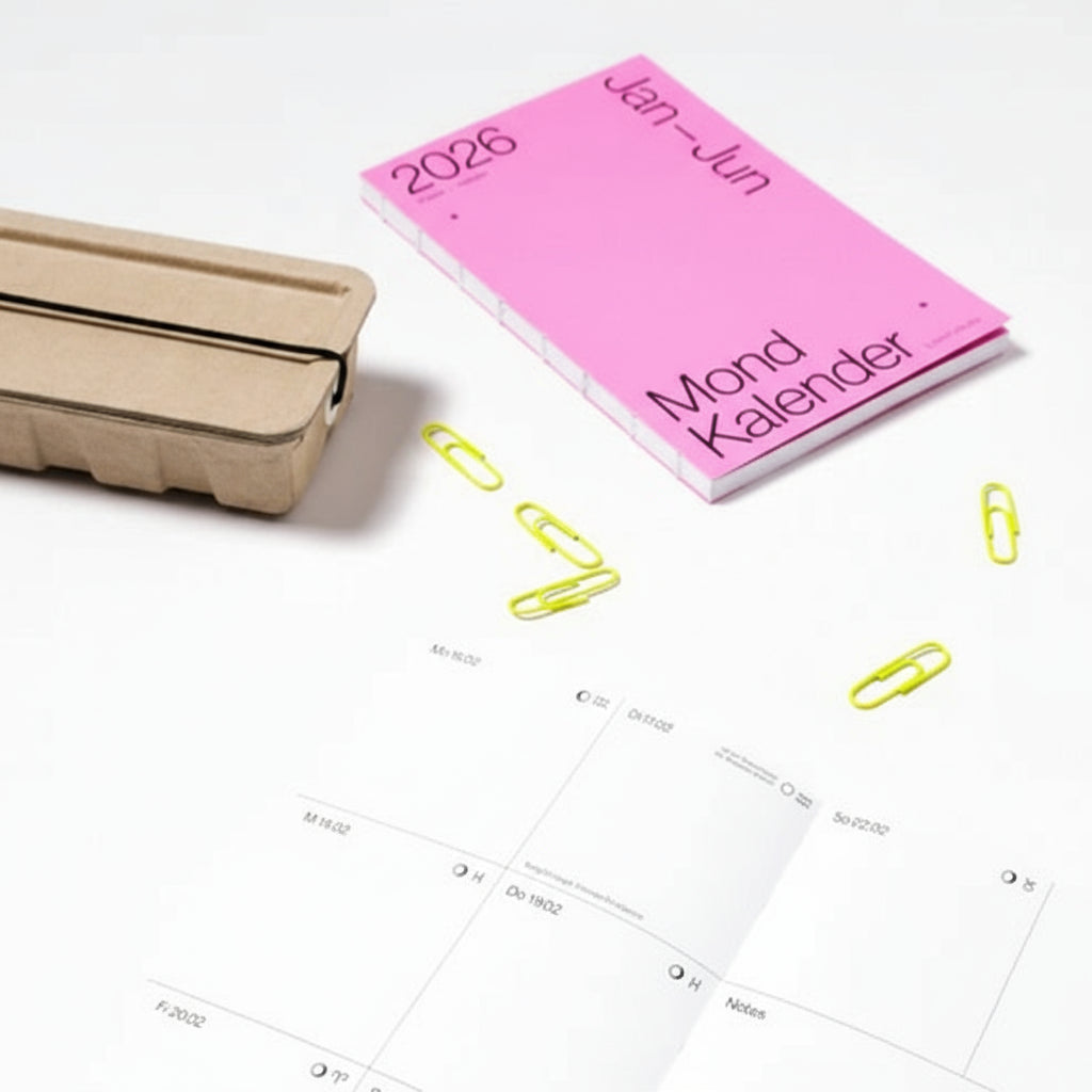 Ein rosafarbener "Mond Kalender" für das Jahr 2026 und aufgeschlagene Kalenderseiten liegen auf einer weißen Fläche, daneben liegen eine braune Schachtel und mehrere gelbe Büroklammern.