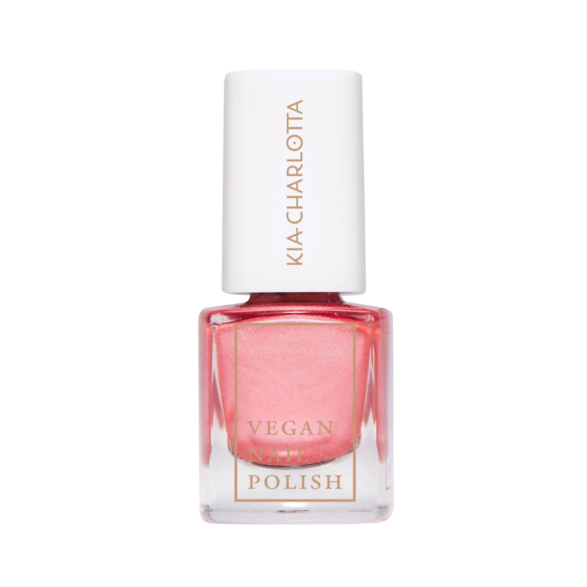 Rosa Nagellackflasche mit weißem Deckel, beschriftet mit "Kia-Charlotta" und "Vegan Nail Polish".