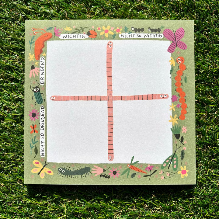 Quadrantendiagramm mit Würmern, umrahmt von Blumen und Insekten, kennzeichnet Wichtigkeit und Dringlichkeit.