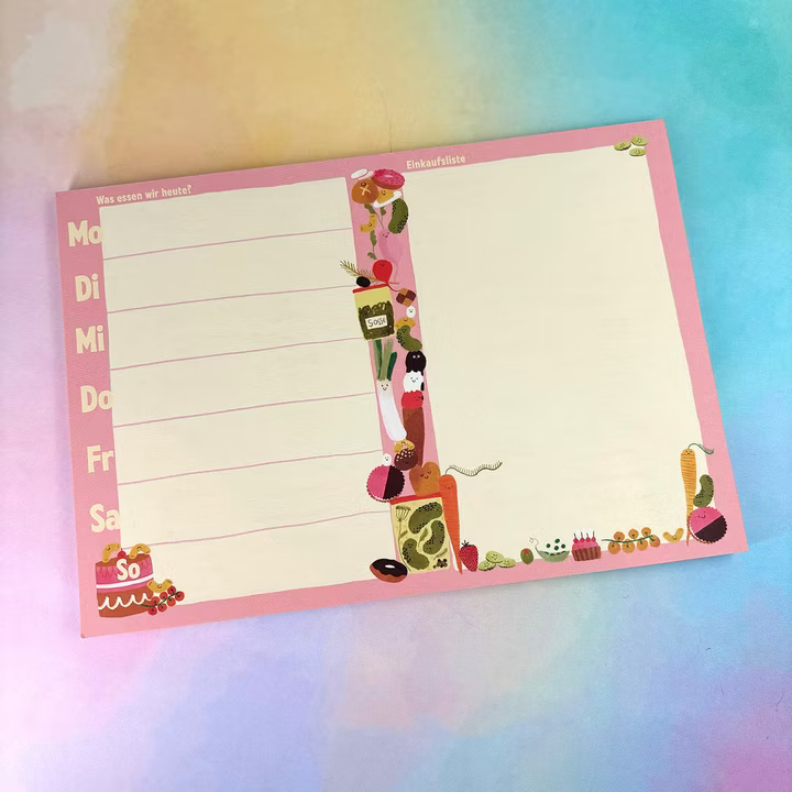 Rosa Wochenplaner mit Mahlzeitenliste links und Einkaufsliste rechts, verziert mit bunten Lebensmitteln und Kuchen.