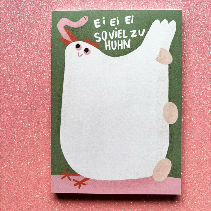 Illustration eines Huhns mit einem rosa Wurm auf der Kante und dem Text "Ei ei ei, so viel zu Huhn" auf rosa Hintergrund.