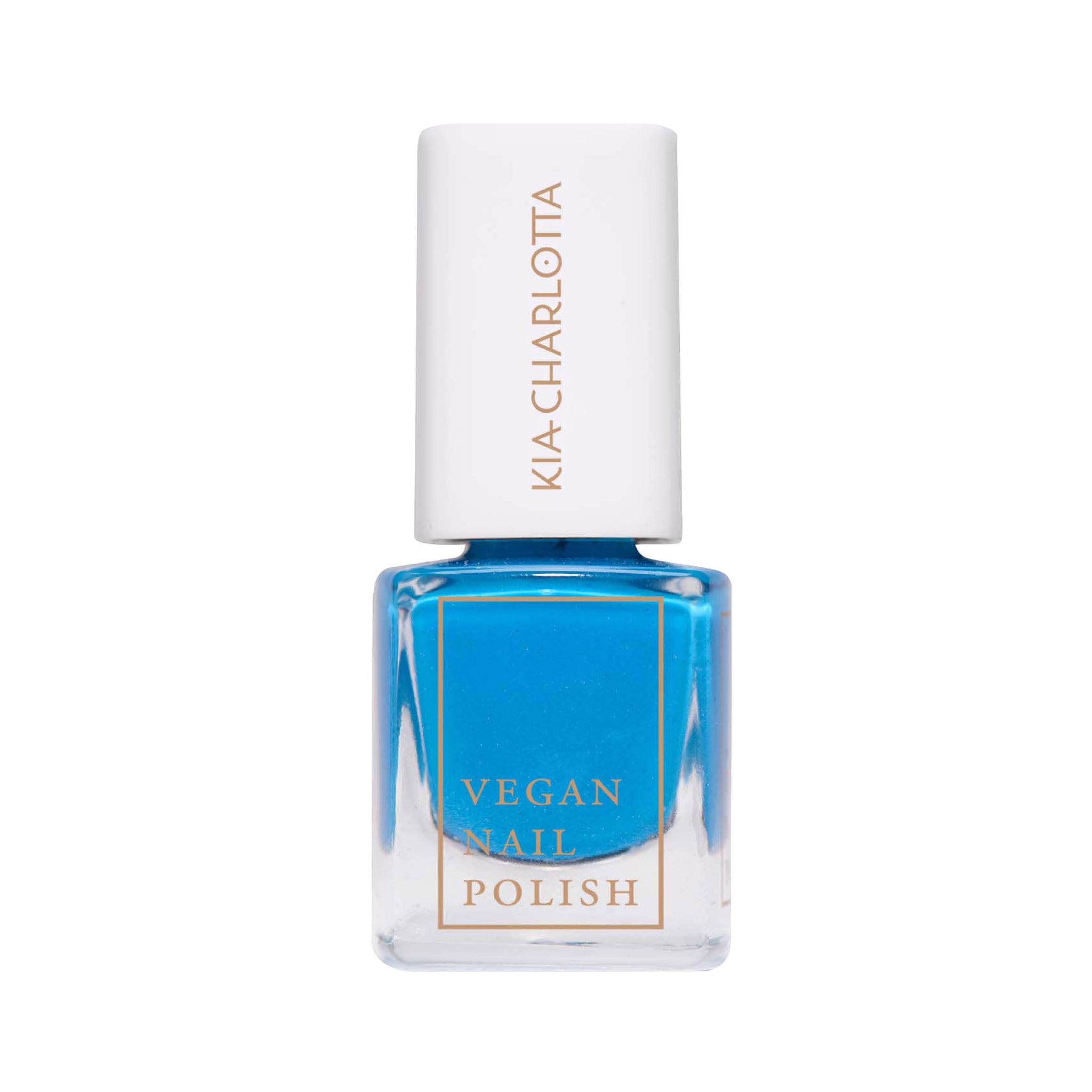 Blaue Flasche veganer Nagellack mit weißem Deckel, beschriftet mit "VEGAN NAIL POLISH" und "KIA-CHARLOTTA".
