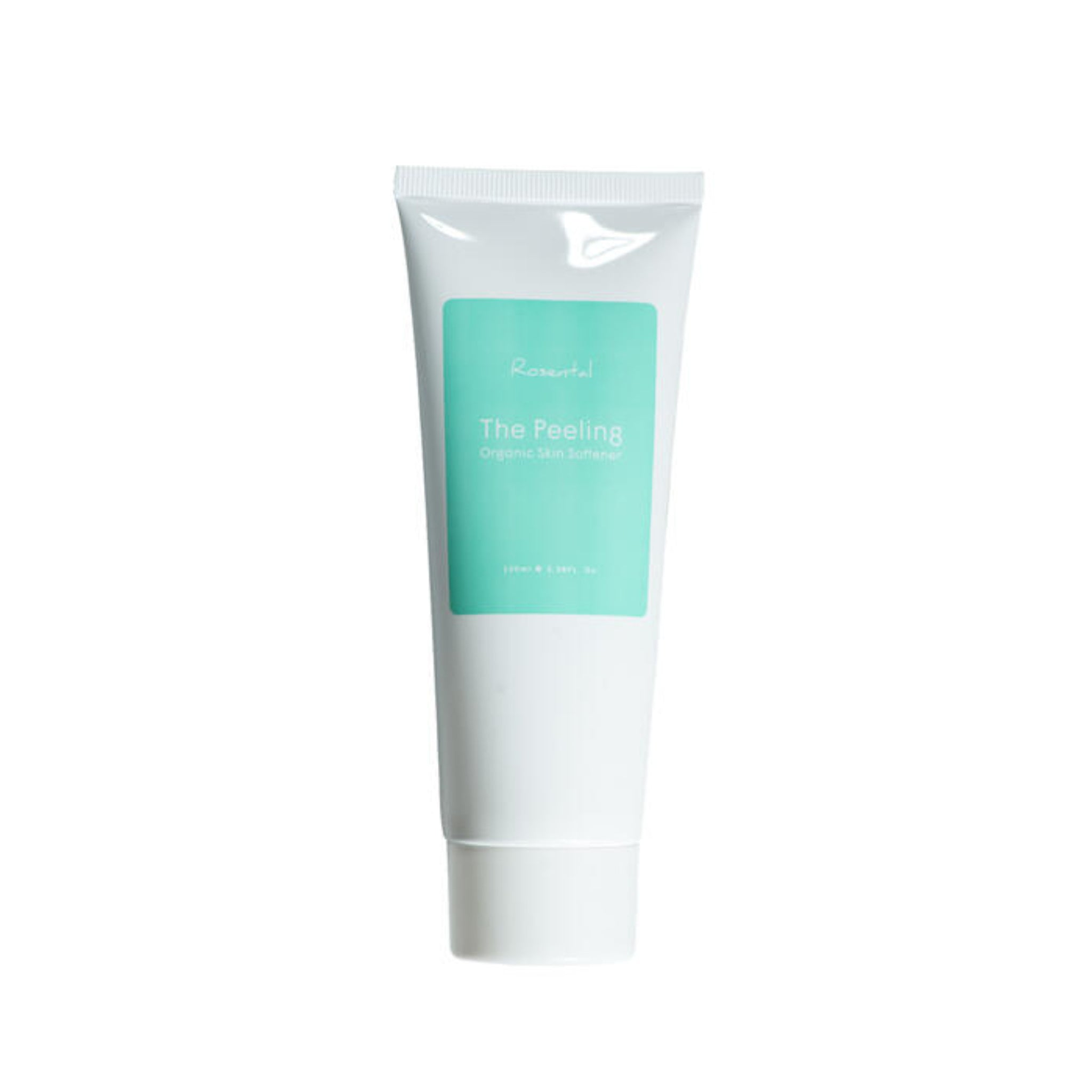 Weiße Tube mit türkisem Etikett, darauf steht „The Peeling Organic Skin Softener".