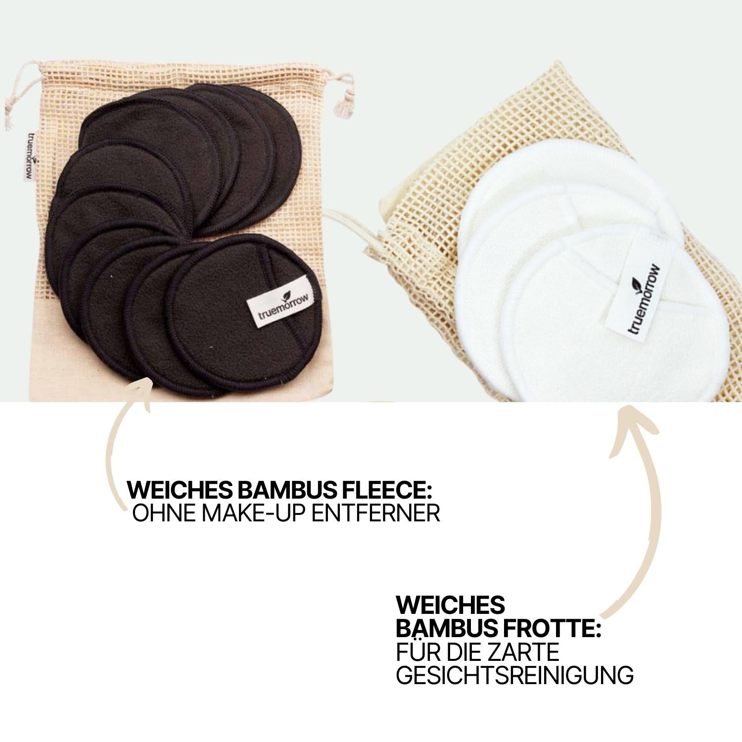 Schwarze und weiße Bambus-Reinigungspads in Netztaschen mit Beschriftungen für unterschiedliche Verwendungszwecke.