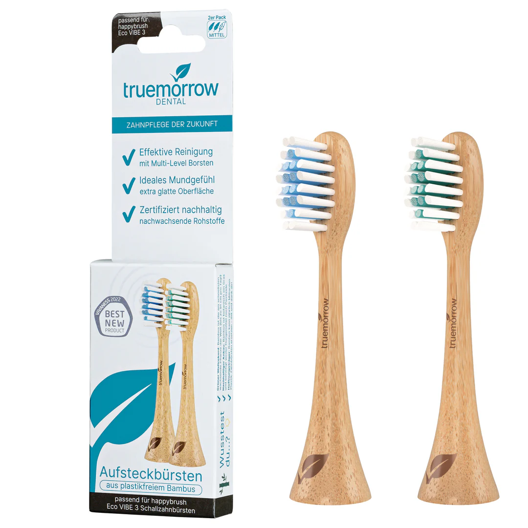 truemorrow Aufsteckbürsten aus Bambus für happybrush Eco Vibe 3 Schallzahnbürsten (2er Pack) Mittel