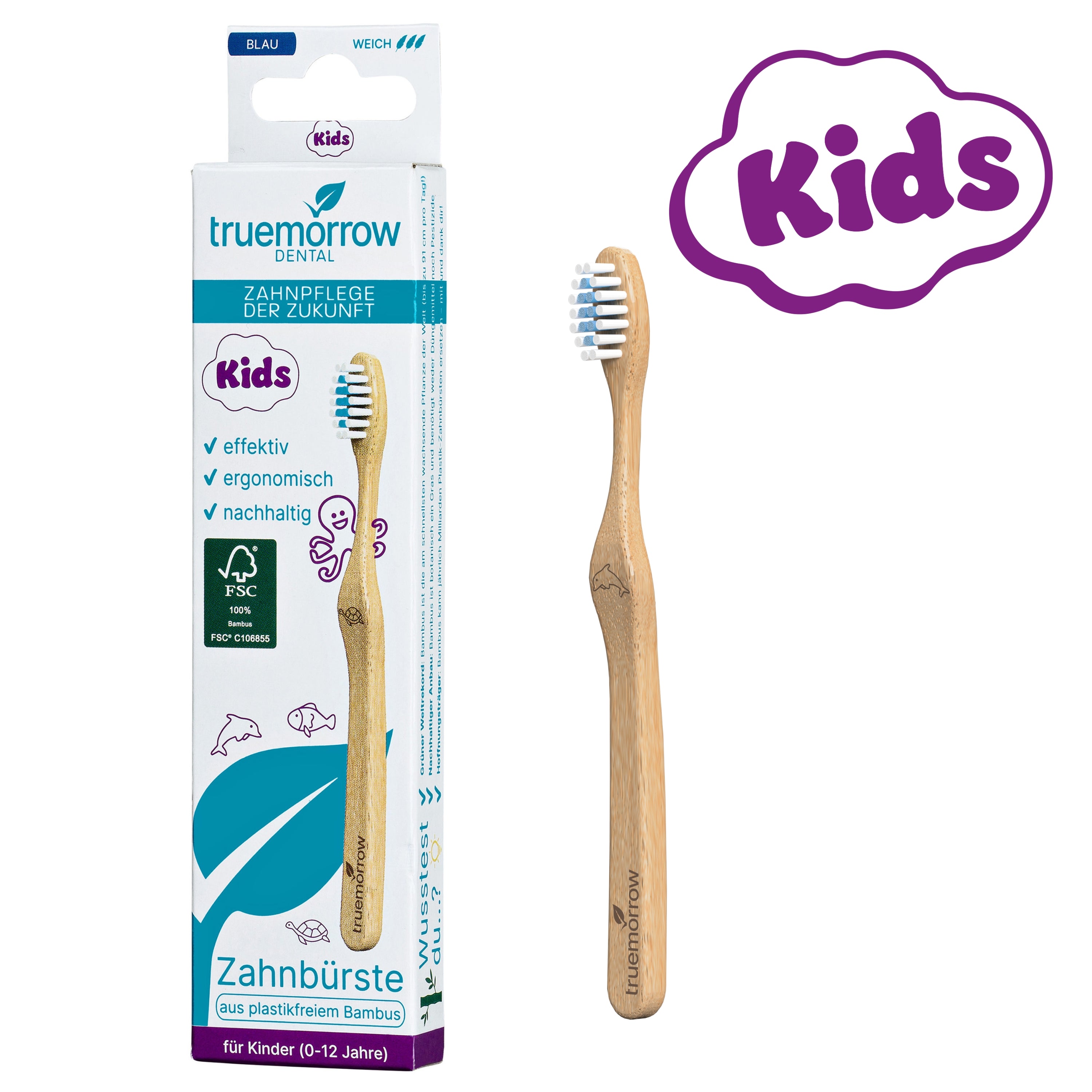 truemorrow Bambus-Zahnbürste für Kinder Weich Blau