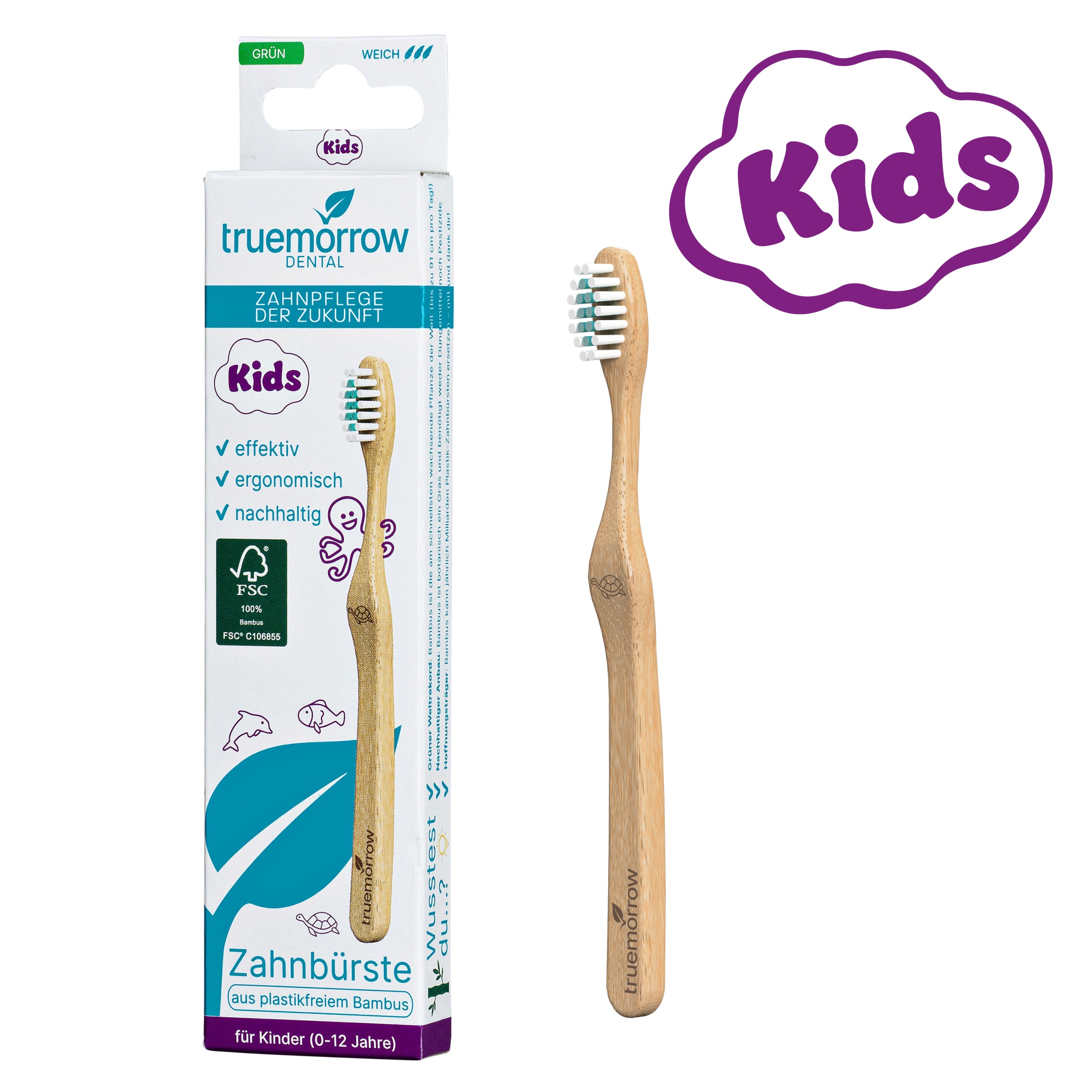 truemorrow Bambus-Zahnbürste für Kinder Weich Grün