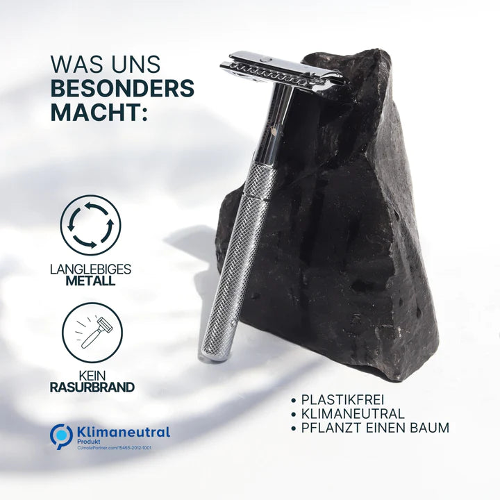 Rasierhobel aus Metall lehnt an einem schwarzen Stein; daneben Text über Langlebigkeit und Umweltfreundlichkeit.