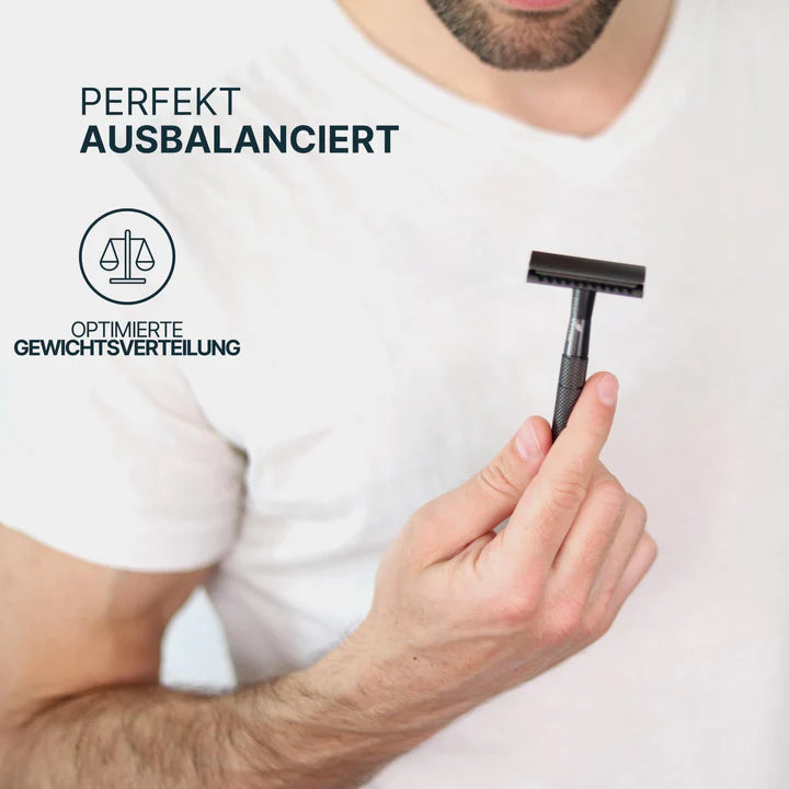 Mann in weißem T-Shirt hält einen Rasierer, daneben Text: "Perfekt Ausbalanciert, Optimierte Gewichtsverteilung".