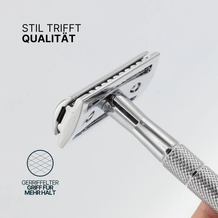 Ein silberner Rasierhobel mit geriffeltem Griff, begleitet von Text: "Stil trifft Qualität" und "Gerriffelter Griff für Mehrhalt".