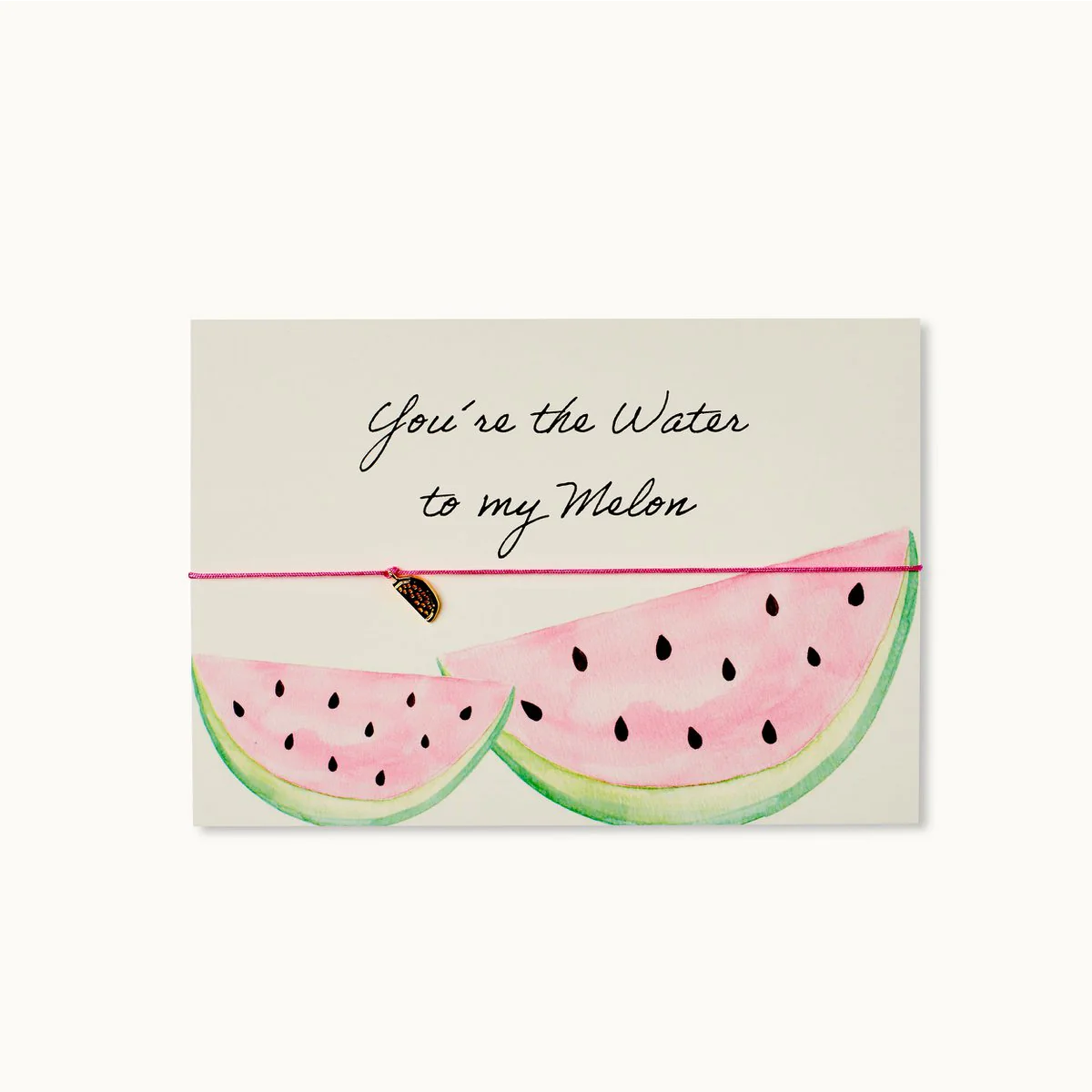 Aquarell-Gemälde von zwei Wassermelonenstücken und die Aufschrift „You’re the Water to my Melon“ mit rosa Band.