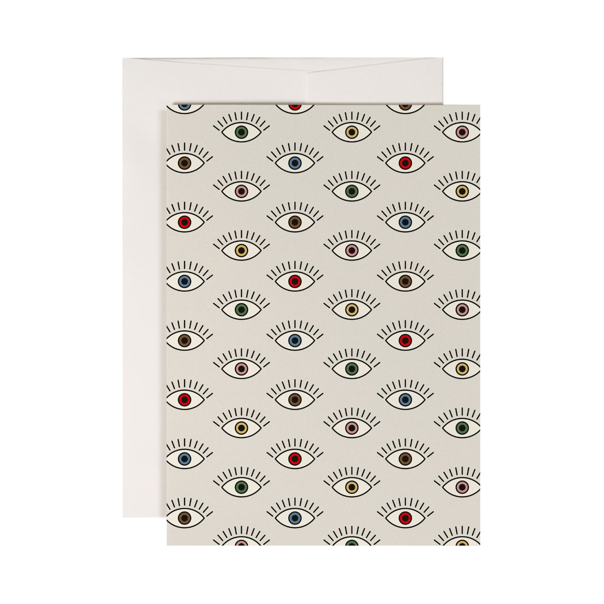 Karte mit einem Muster aus gezeichneten Augen in verschiedenen Farben, darunter Grün, Blau, Gelb und Rot, mit passendem Umschlag.