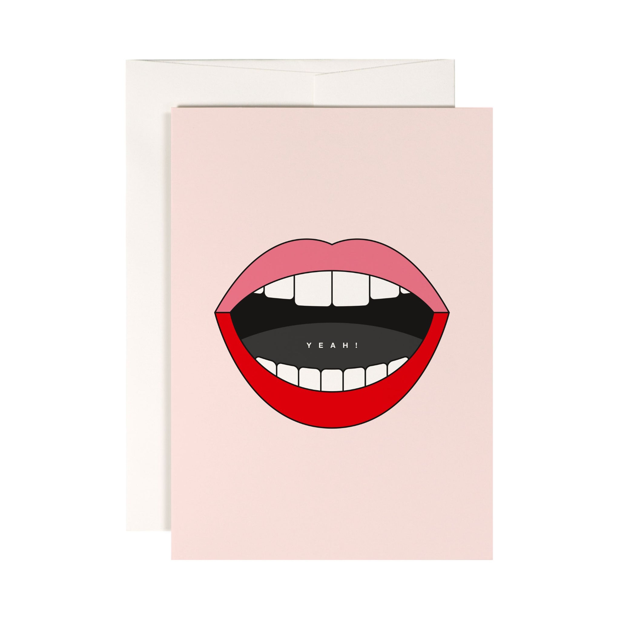Illustration von geöffneten, stilisierten Lippen mit dem Wort "YEAH!" im Inneren, vor einem blassrosa Hintergrund.