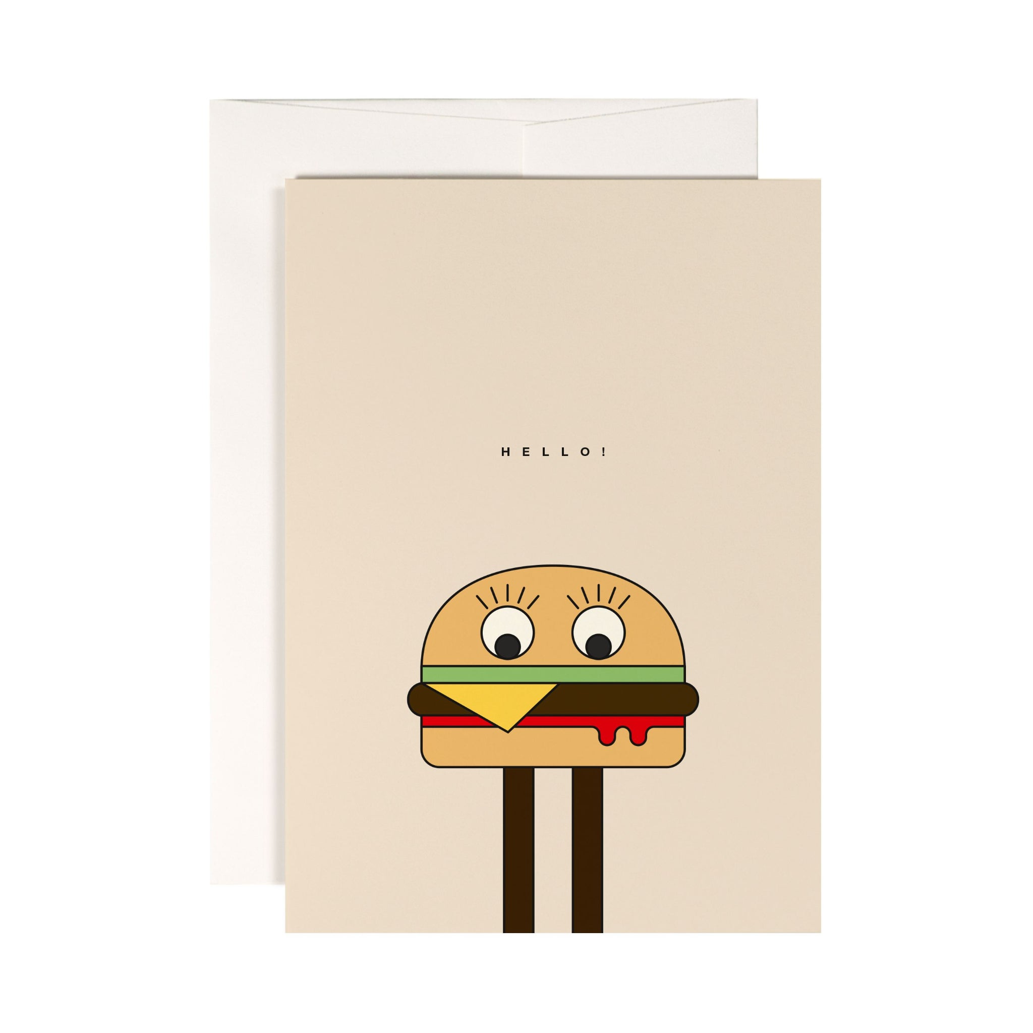 Grußkarte mit einem Cartoon-Burgergesicht und der Aufschrift "HELLO!" in der Mitte.
