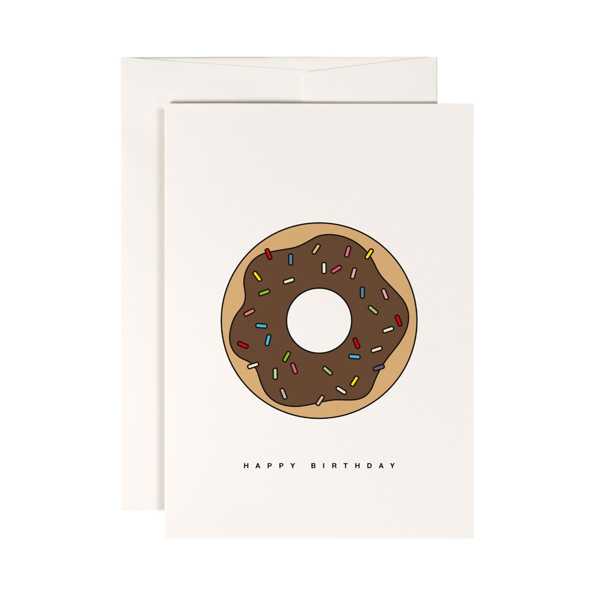 Geburtstagskarte mit Donut-Motiv und Schokoladenglasur, verziert mit bunten Streuseln, darauf steht "Happy Birthday".