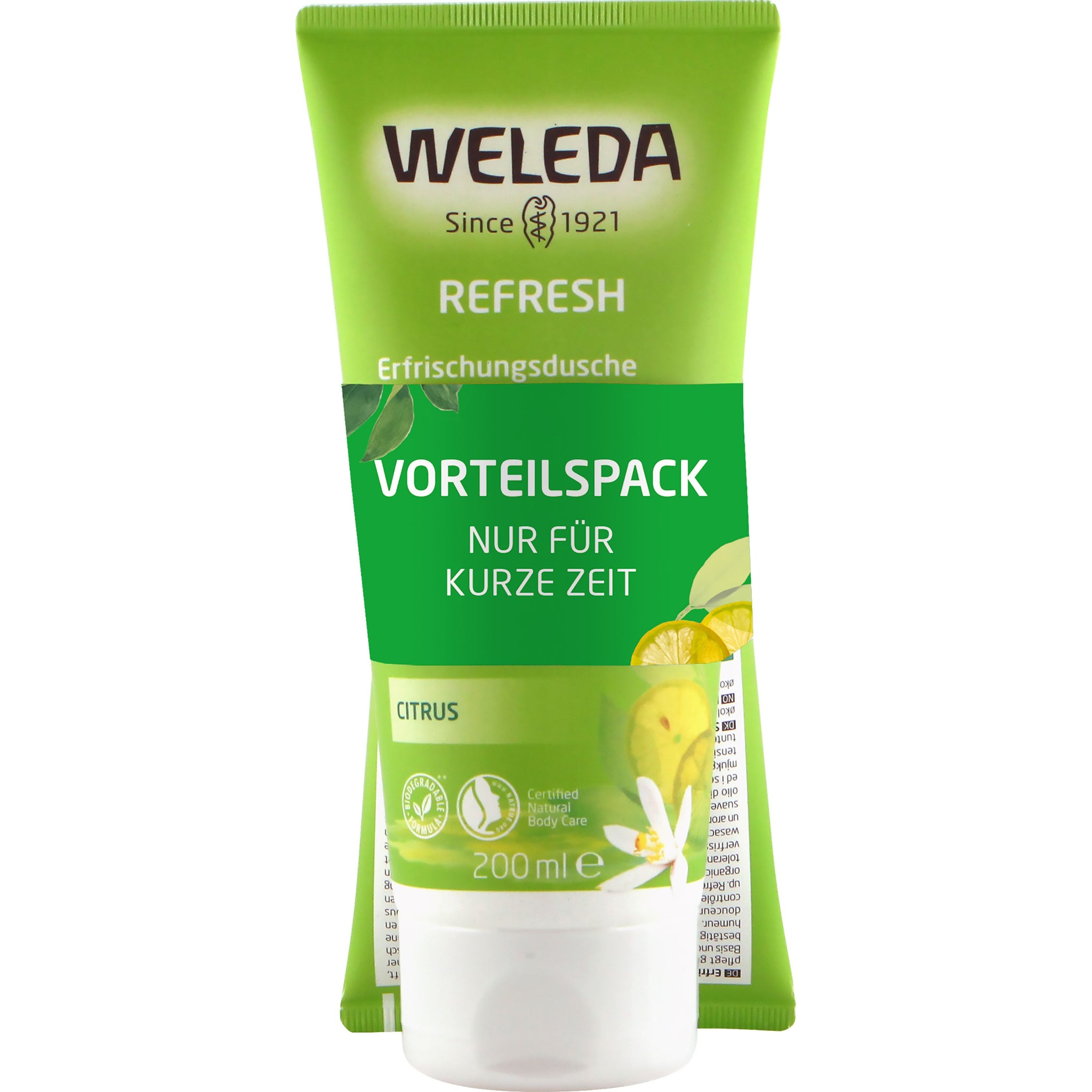 Grüne Tube von Weleda Refresh Erfrischungsdusche - Citrus, Vorteilsgröße, 200 ml.