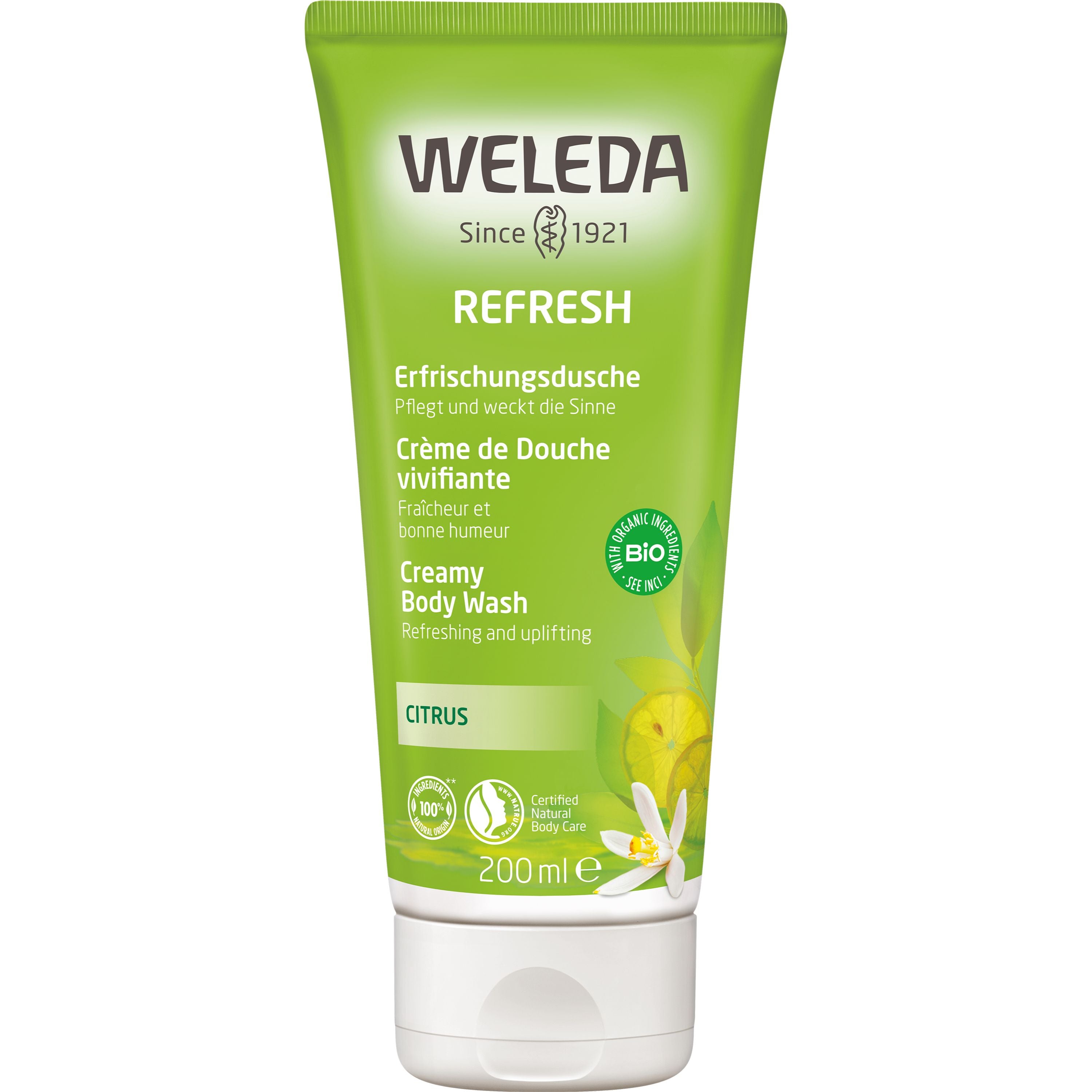 Grüne Tube von Weleda Refresh Erfrischungsdusche mit Citrusduft, 200 ml, auf weißem Hintergrund.