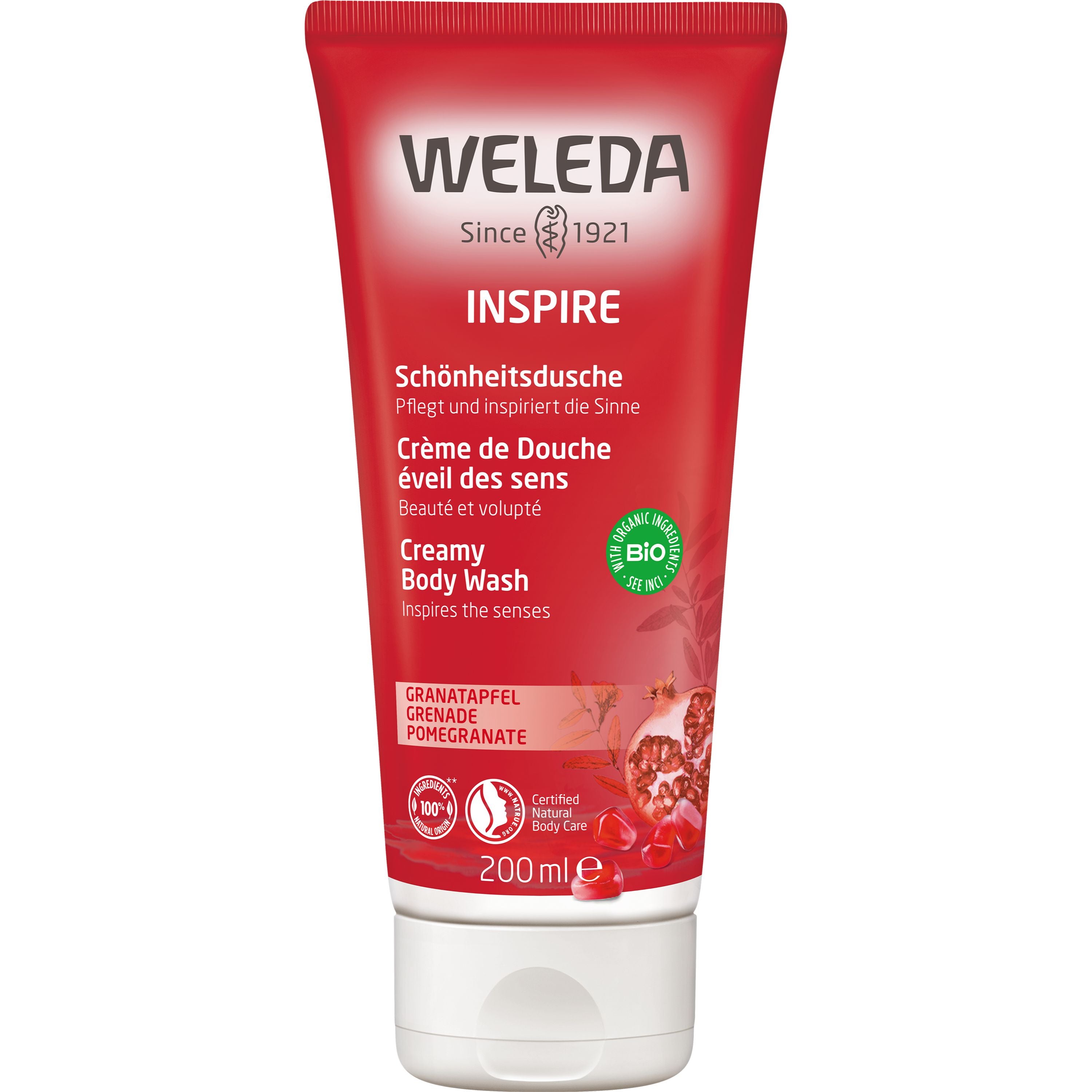 Rote Tube Weleda Schönheitsdusche "Inspire" mit Granatapfel und Bio-Siegel, 200 ml.