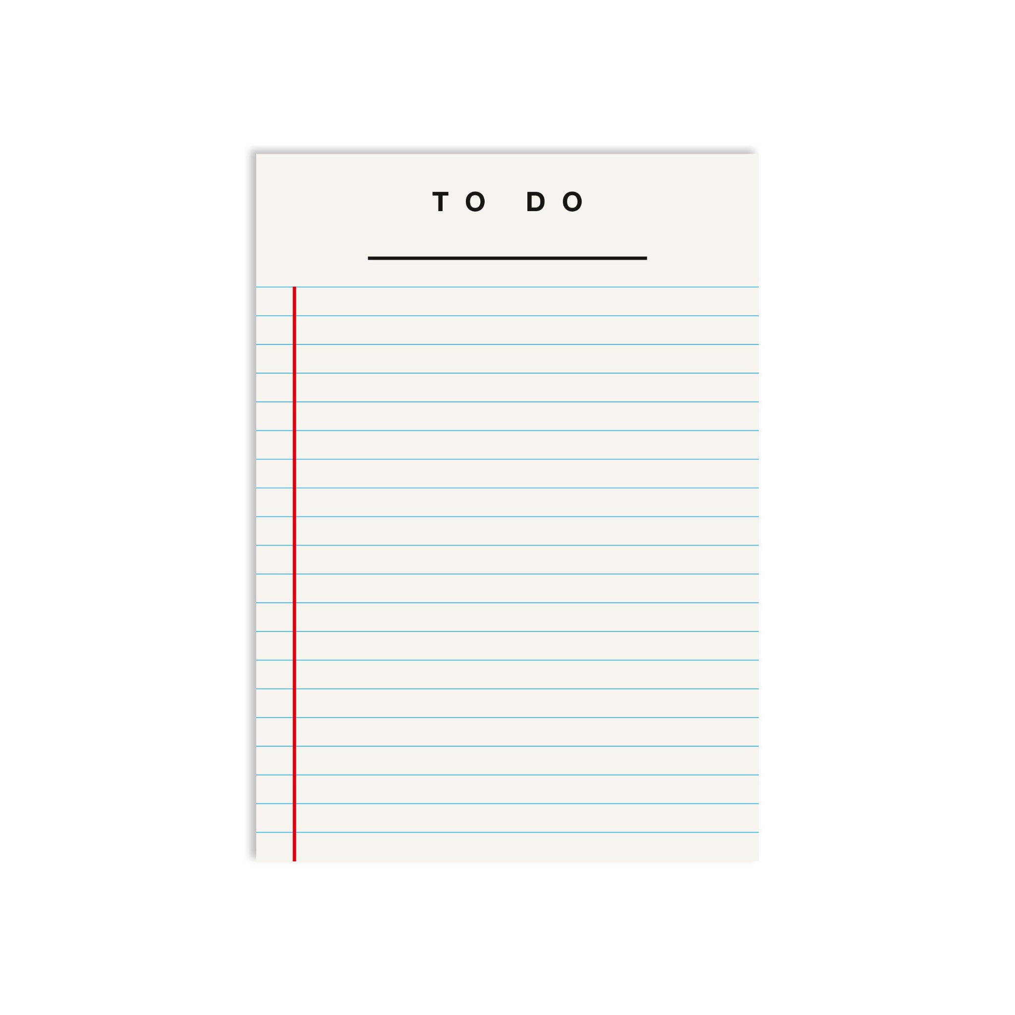 Notizblock mit der Überschrift "TO DO" und Linien zum Schreiben, mit rotem Seitenrand und blauen horizontalen Linien.