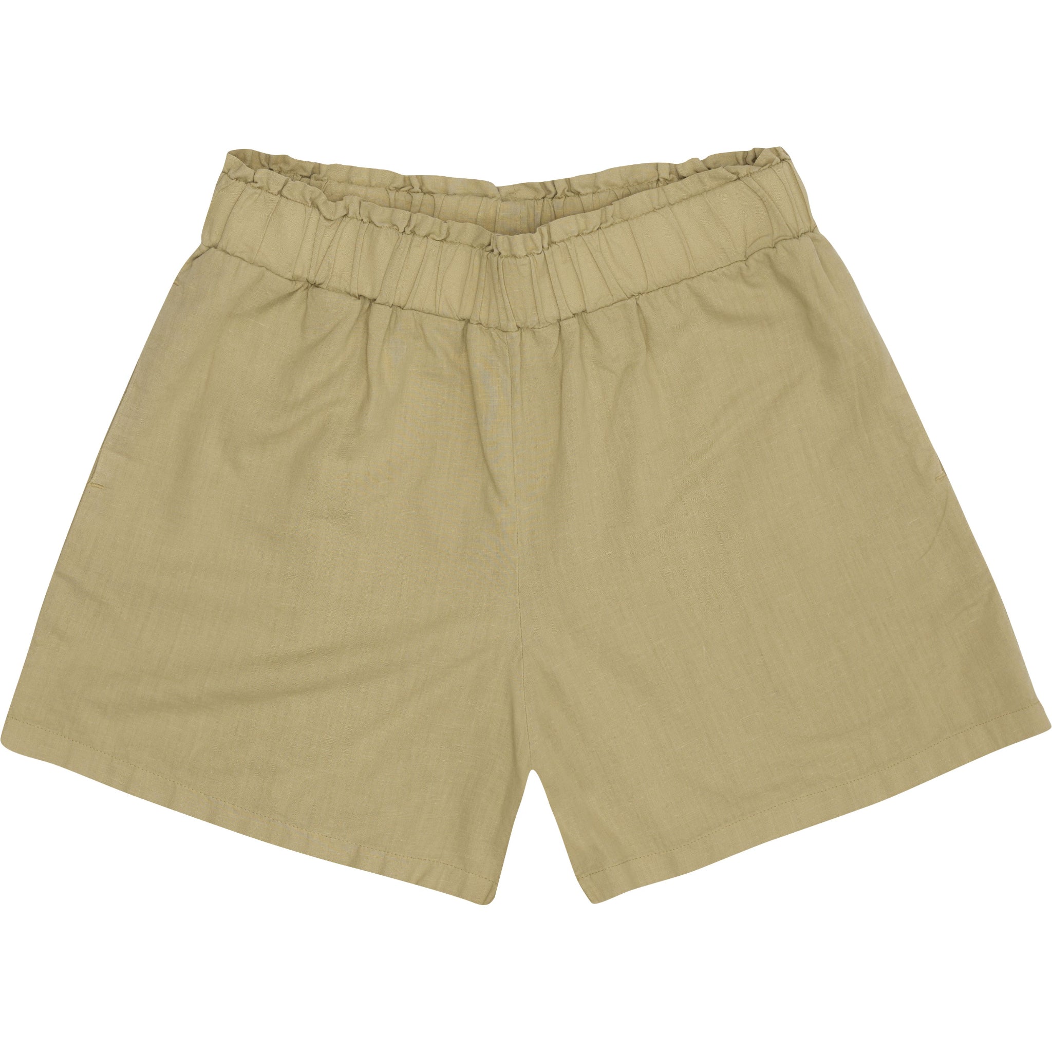 Beige Shorts mit elastischem Bund und Falten, in einer einfachen Draufsicht dargestellt.