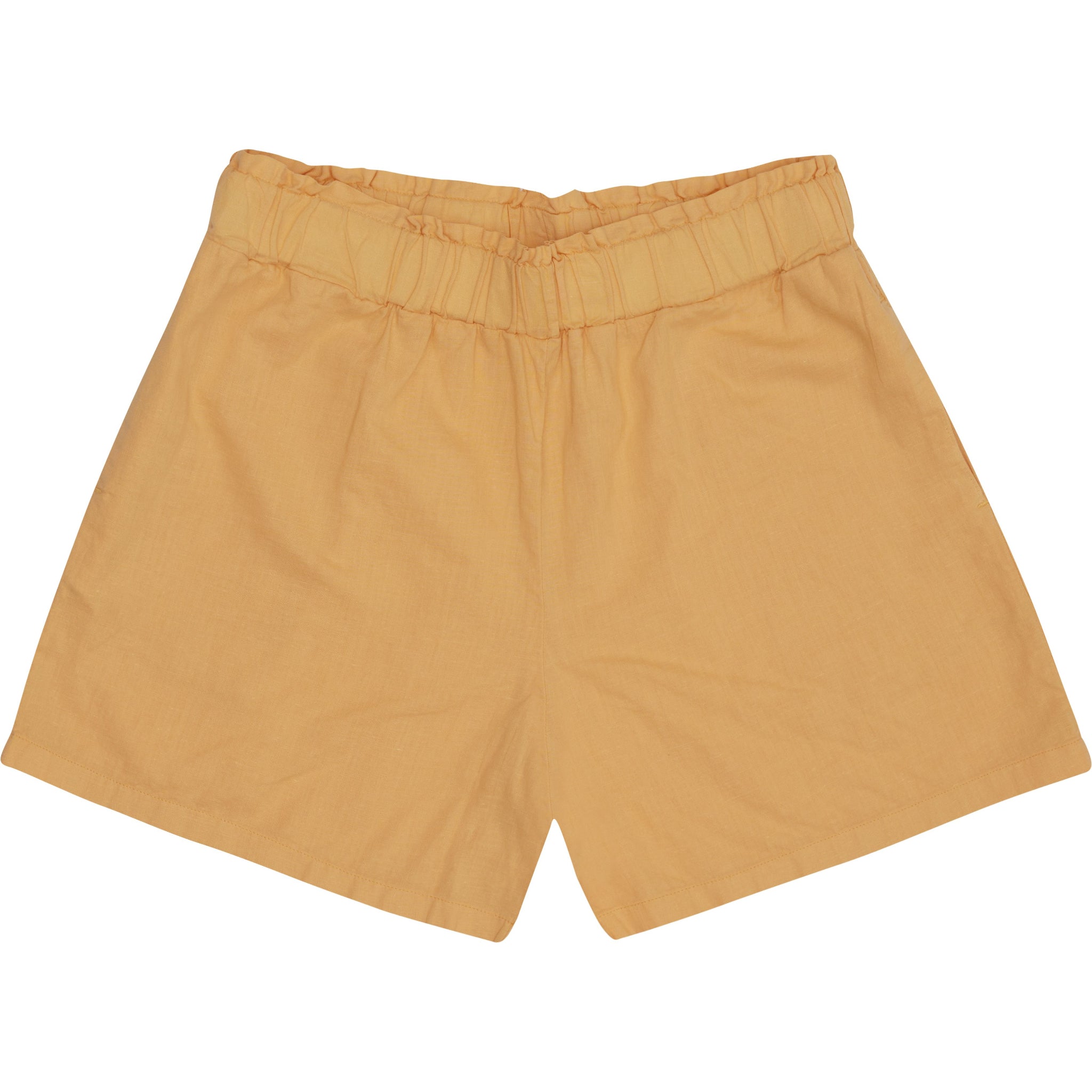 Ein Paar locker sitzende gelbe Shorts mit elastischem Bund, aufgenommen vor weißem Hintergrund.