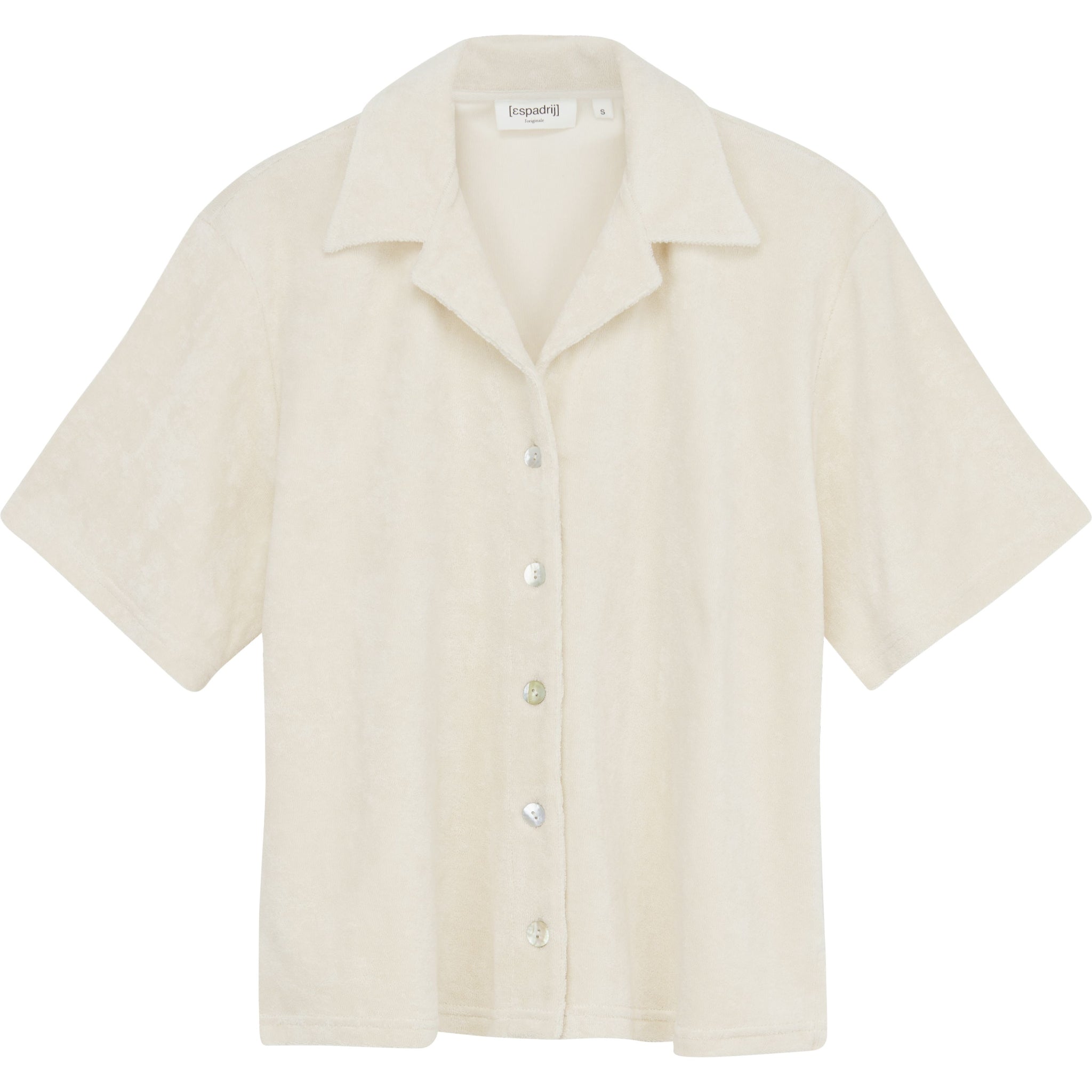Beige Kurzarmhemd mit Knopfleiste und Reverskragen aus weichem Stoff.