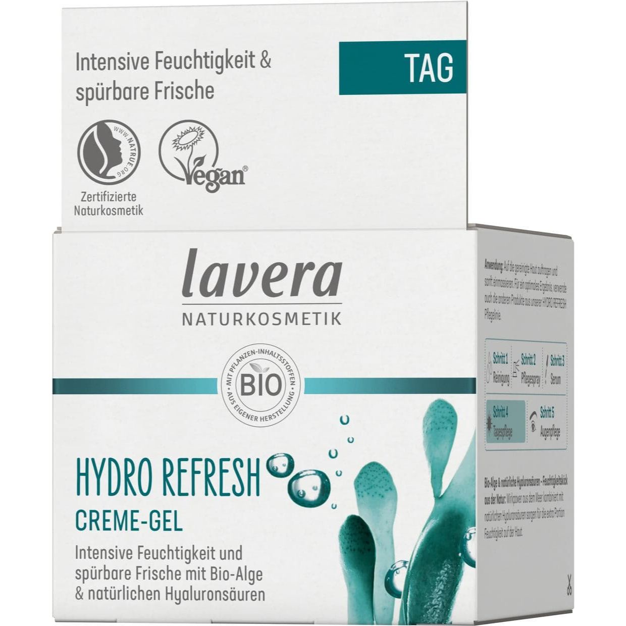 Verpackung einer Lavera Hydro Refresh Creme-Gel mit Bio-Alge, vegan und zertifizierte Naturkosmetik, 50 ml.